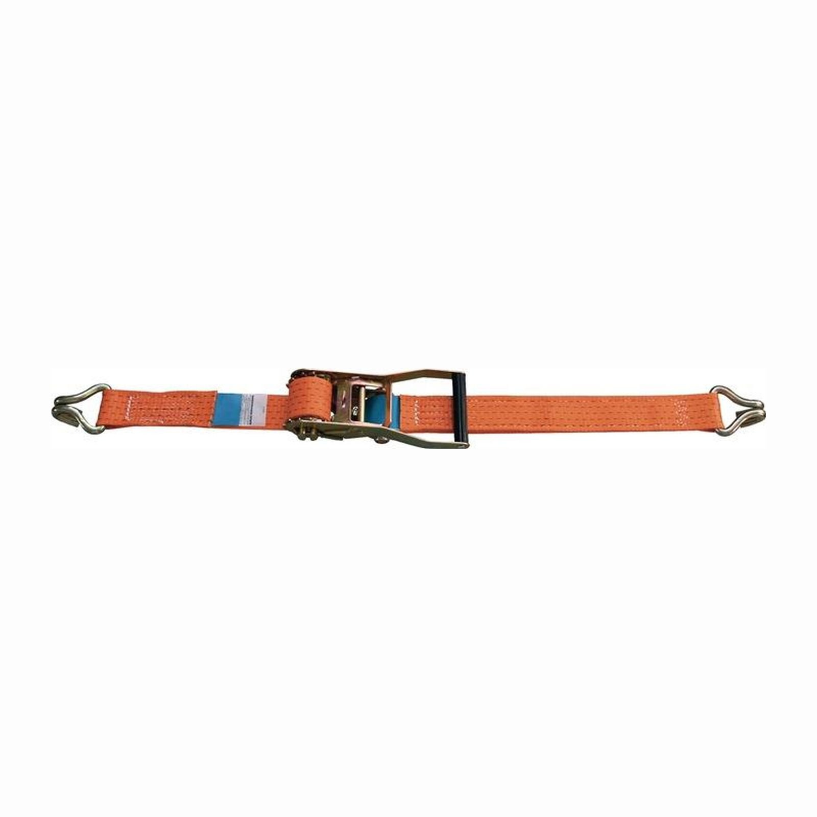 Ein orangefarbener Ratschengurt mit Metallhaken und einem Sicherungsmechanismus. Der Gurt hat blau-weiße Streifen.