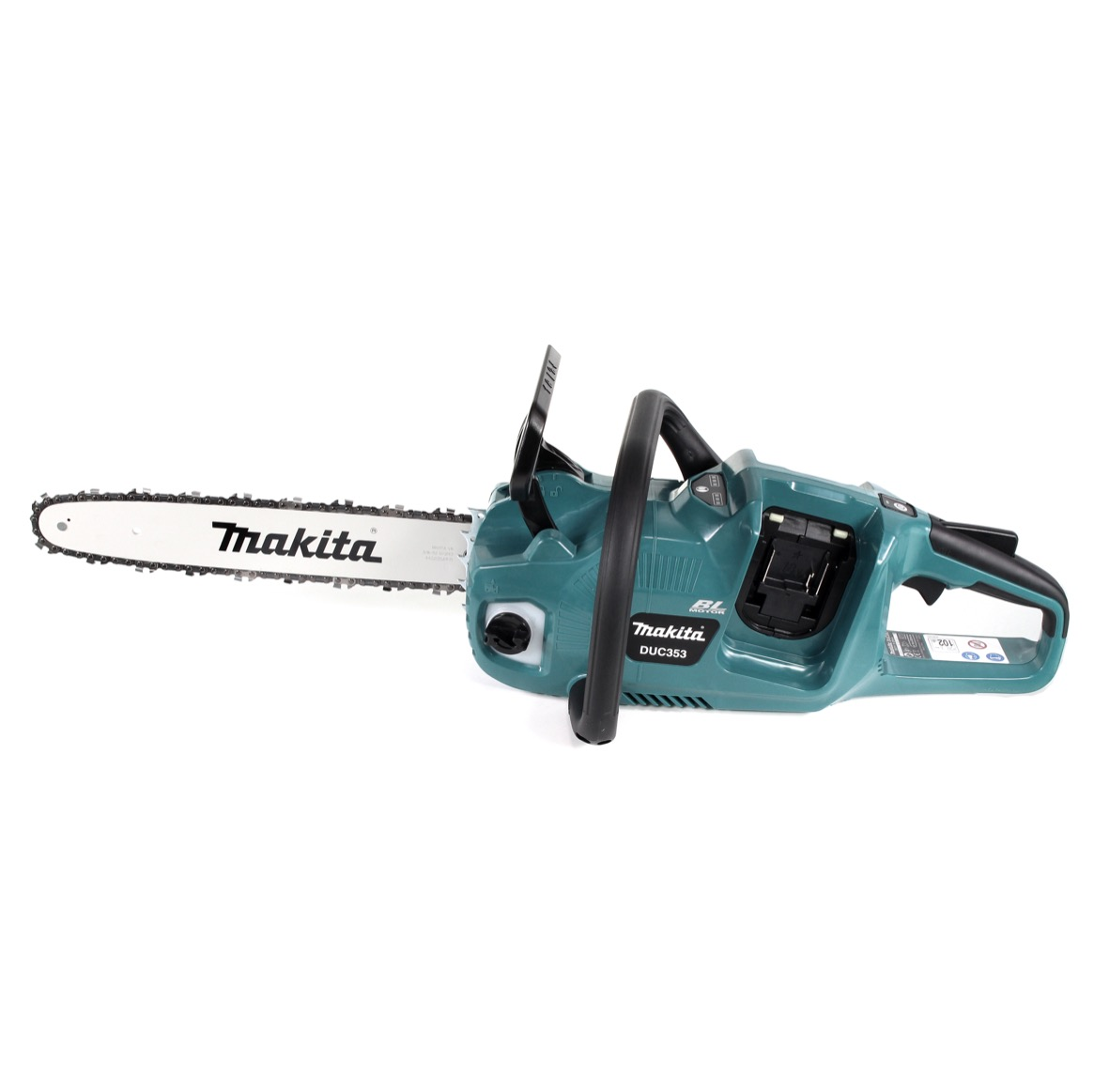 Eine teal Makita DUC353 Kettensäge auf weißem Hintergrund. Die Kettensäge hat einen schwarzen Griff und eine silberne Klinge.
