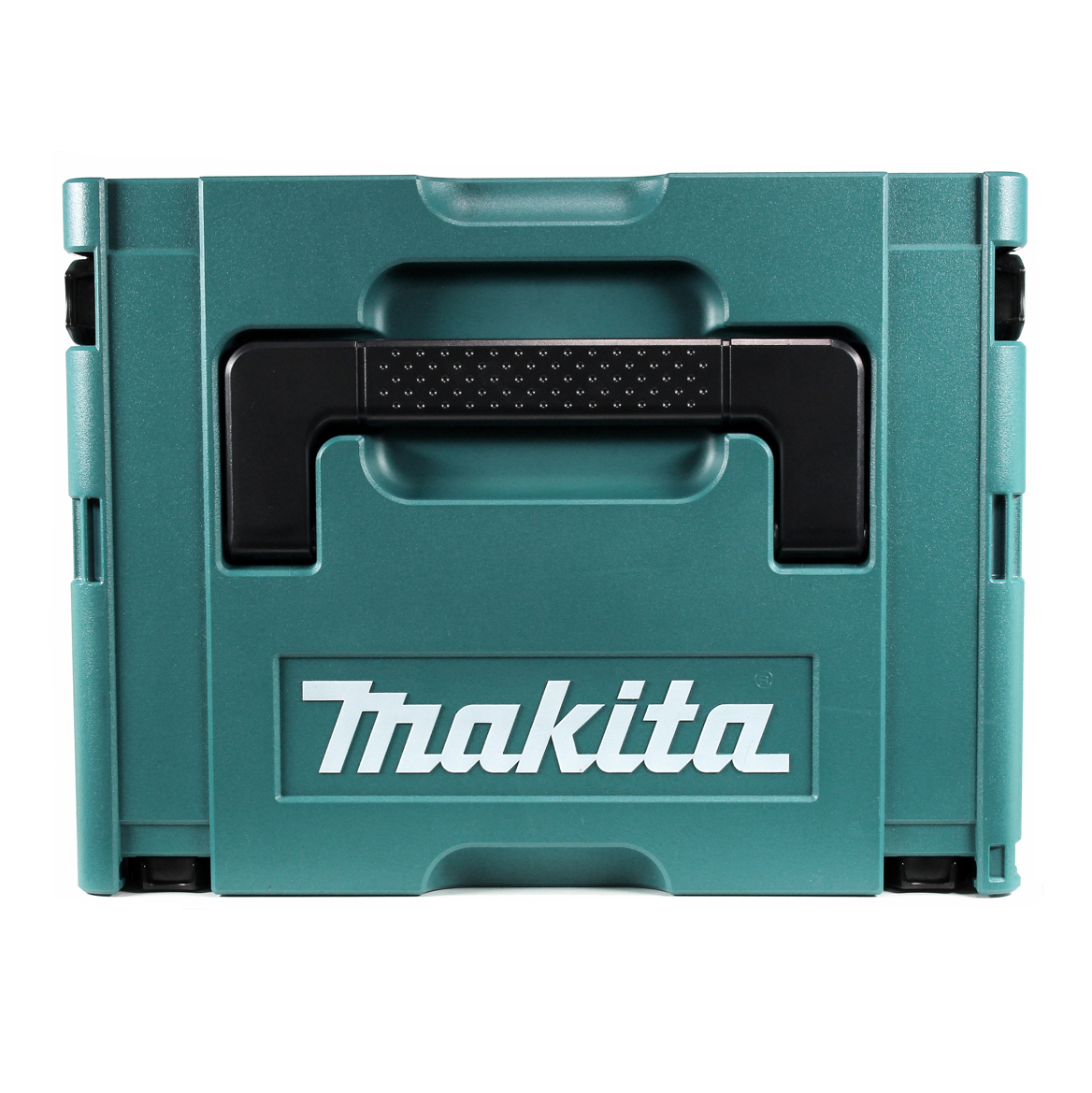 Eine teal Makita Werkzeugkiste mit einem schwarzen Griff und dem Makita-Logo in Weiß. Die Box ist geschlossen.