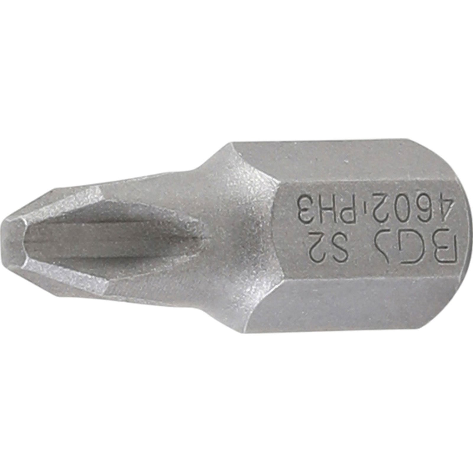Una punta per cacciavite a croce argentata. Ha un corpo esagonale con scritte: BGS S2 4602 PH3.