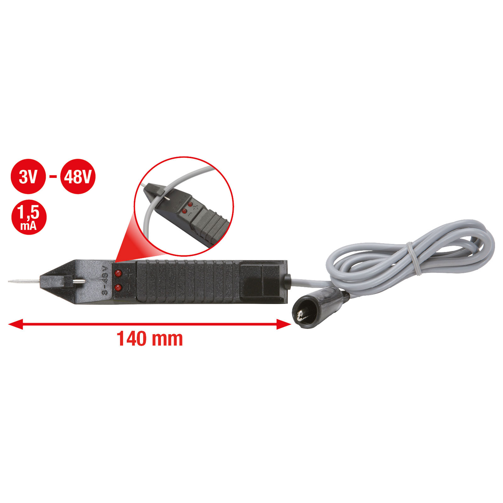 Ein schwarzer Spannungstester mit grauem Kabel. Zeigt an: 3V-48V, 1,5mA und 140mm. Ein roter Kreis markiert einen Teil des Kabels.