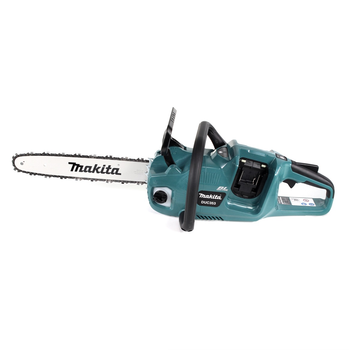 Eine türkisfarbene Makita-Kettensäge mit schwarzem Griff. Sie befindet sich auf weißem Hintergrund. Die Modellnummer ist DUC353.