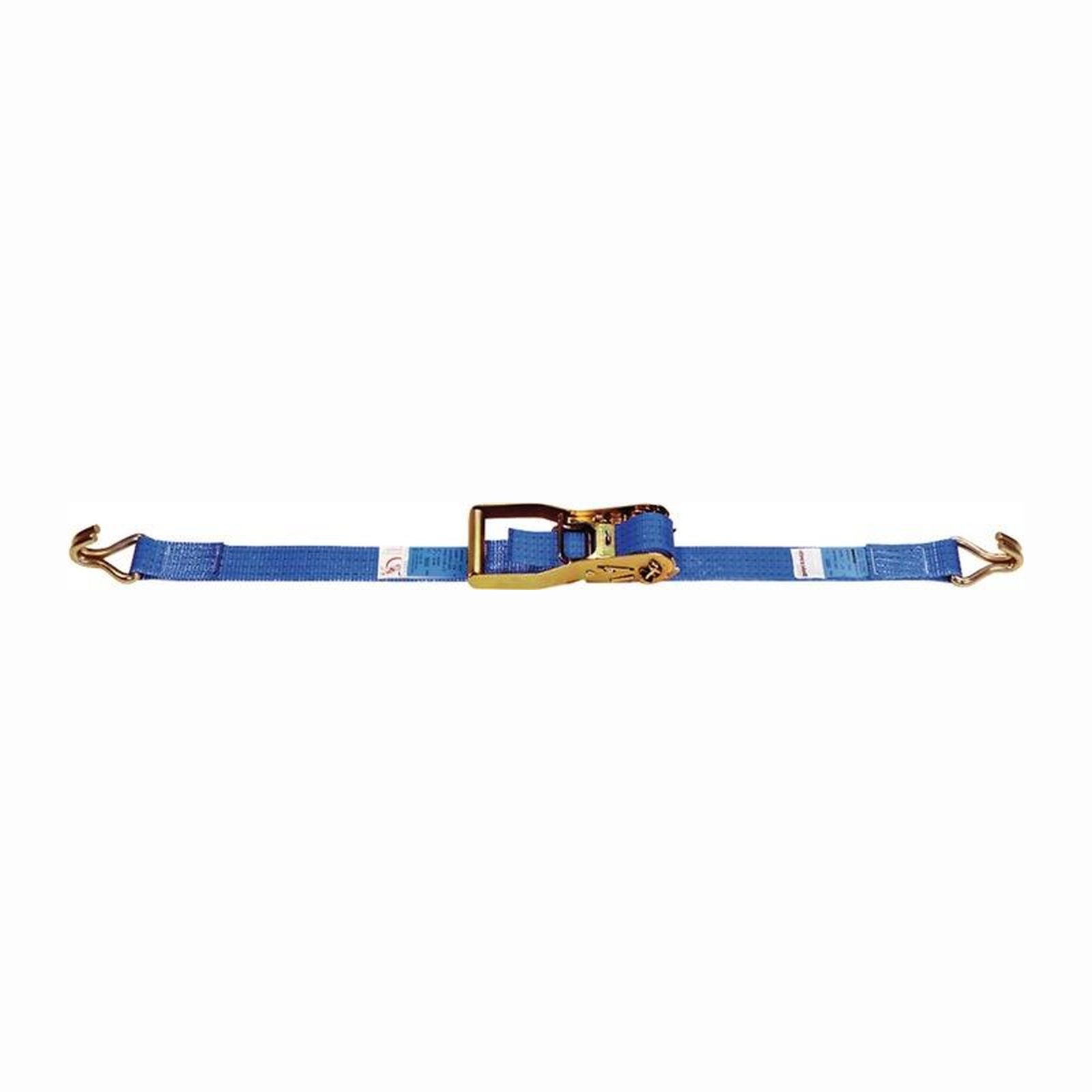 Ein blauer Zurrgurt liegt horizontal. Er hat goldene Haken und einen goldenen Ratschenmechanismus. Der Hintergrund ist weiß.