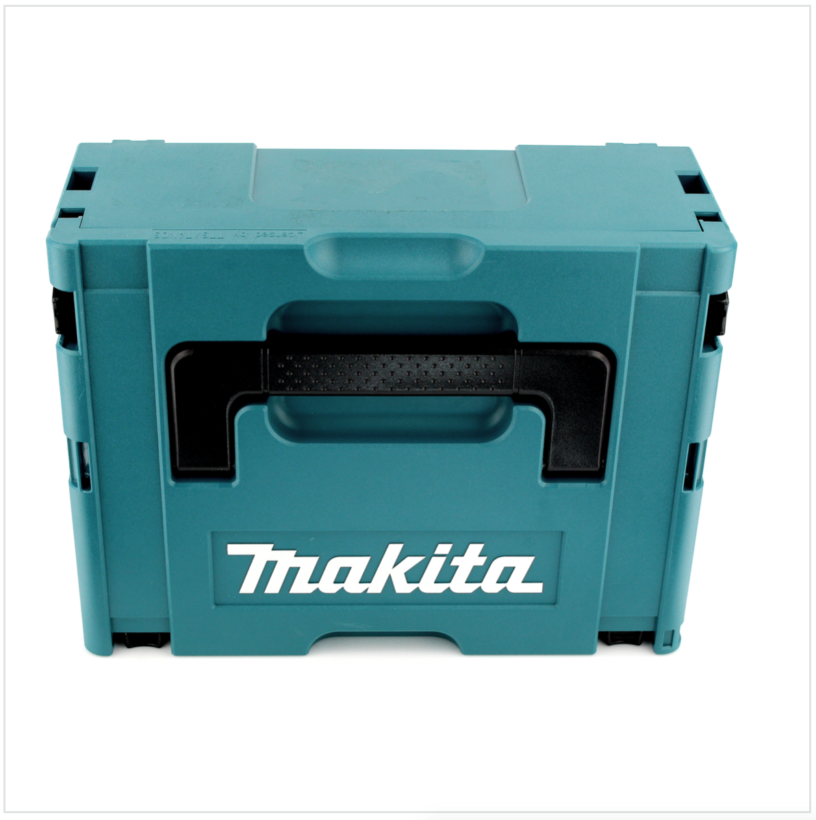 Eine türkisfarbene Makita-Werkzeugkiste mit schwarzem Griff und weißem Makita-Logo.