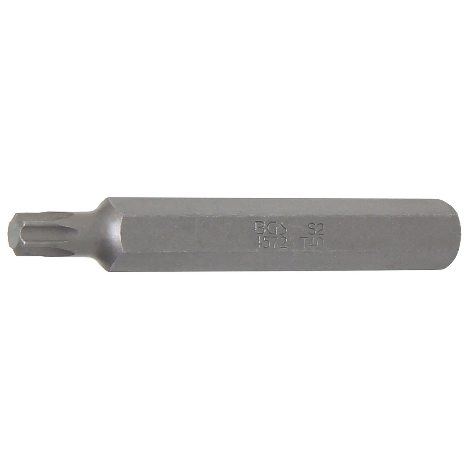 Una punta per cacciavite Torx in metallo grigio, con marchi BGS S2 1572 T40, è posta orizzontalmente su sfondo bianco.