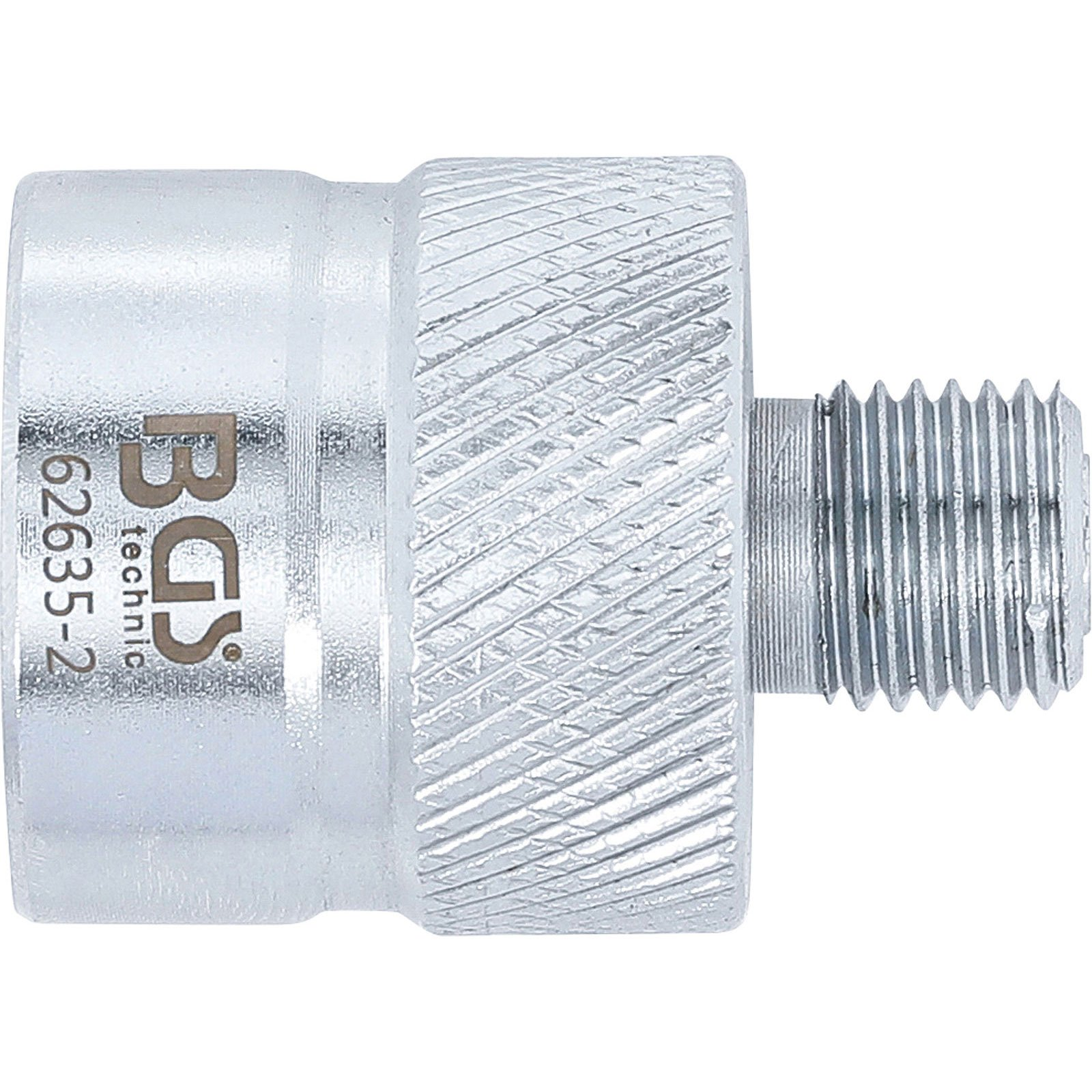 Ein silbernes Metallwerkzeug mit einem Gewindeende und einem gerändelten zylindrischen Griff, beschriftet mit 'BGS technic 62635-2'.
