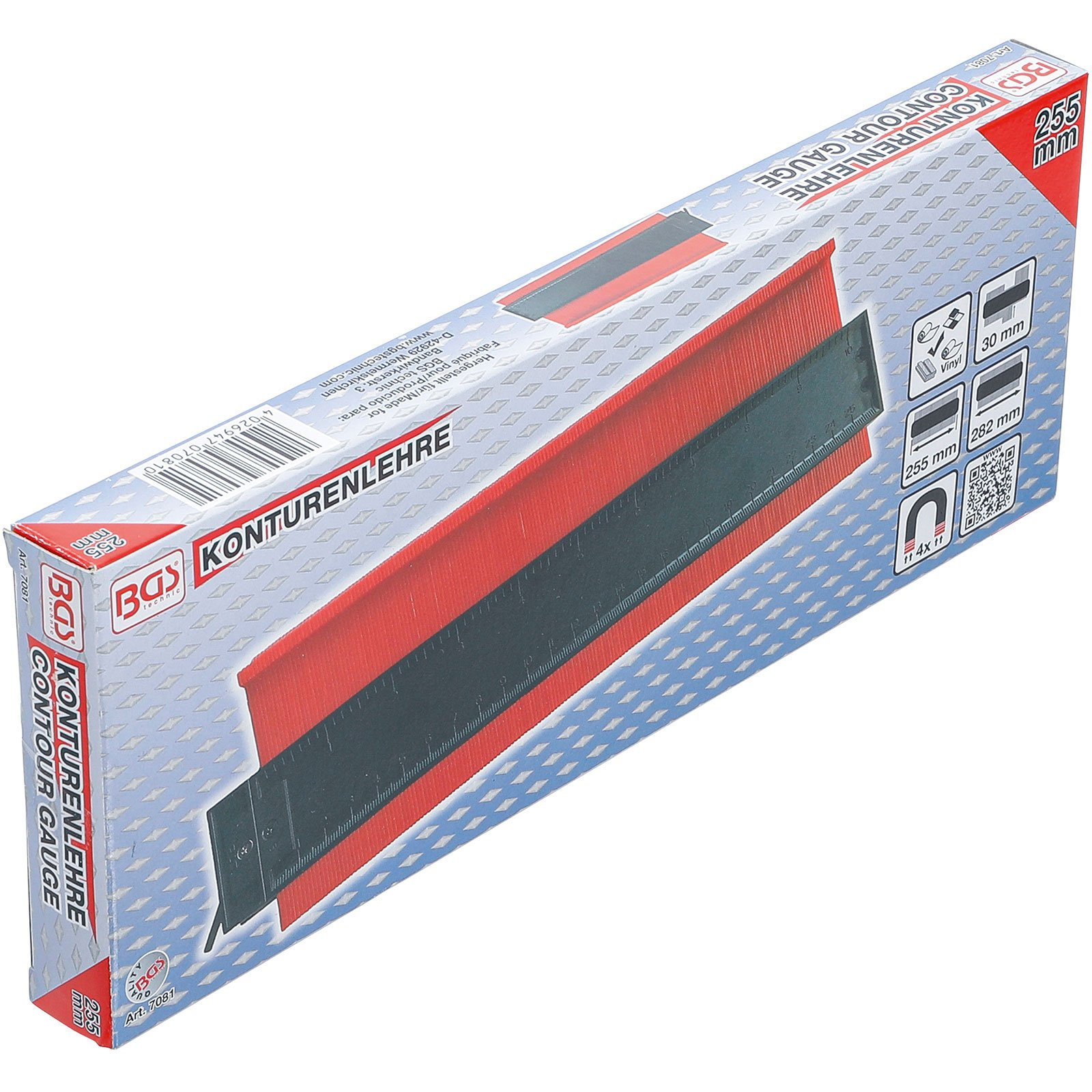 Ein rotes und schwarzes Konturmessgerät in einer weißen, blauen und roten Schachtel. Auf der Schachtel steht 'KONTURENLEHRE CONTOUR GAUGE'.