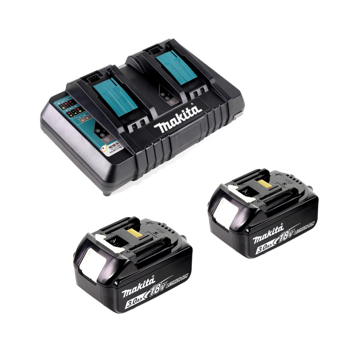 Ein Makita-Akkuladegerät mit zwei Batterien und zwei 18-V-3,0-Ah-Akkus werden auf weißem Hintergrund angezeigt.