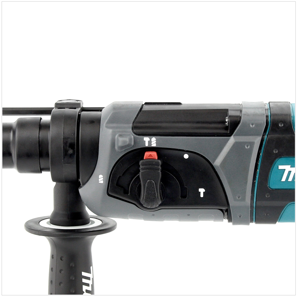 Nahaufnahme eines grau-schwarzen Bohrhammers. Er hat einen schwarzen Griff mit einem roten Schalter. Makita-Logo teilweise sichtbar.