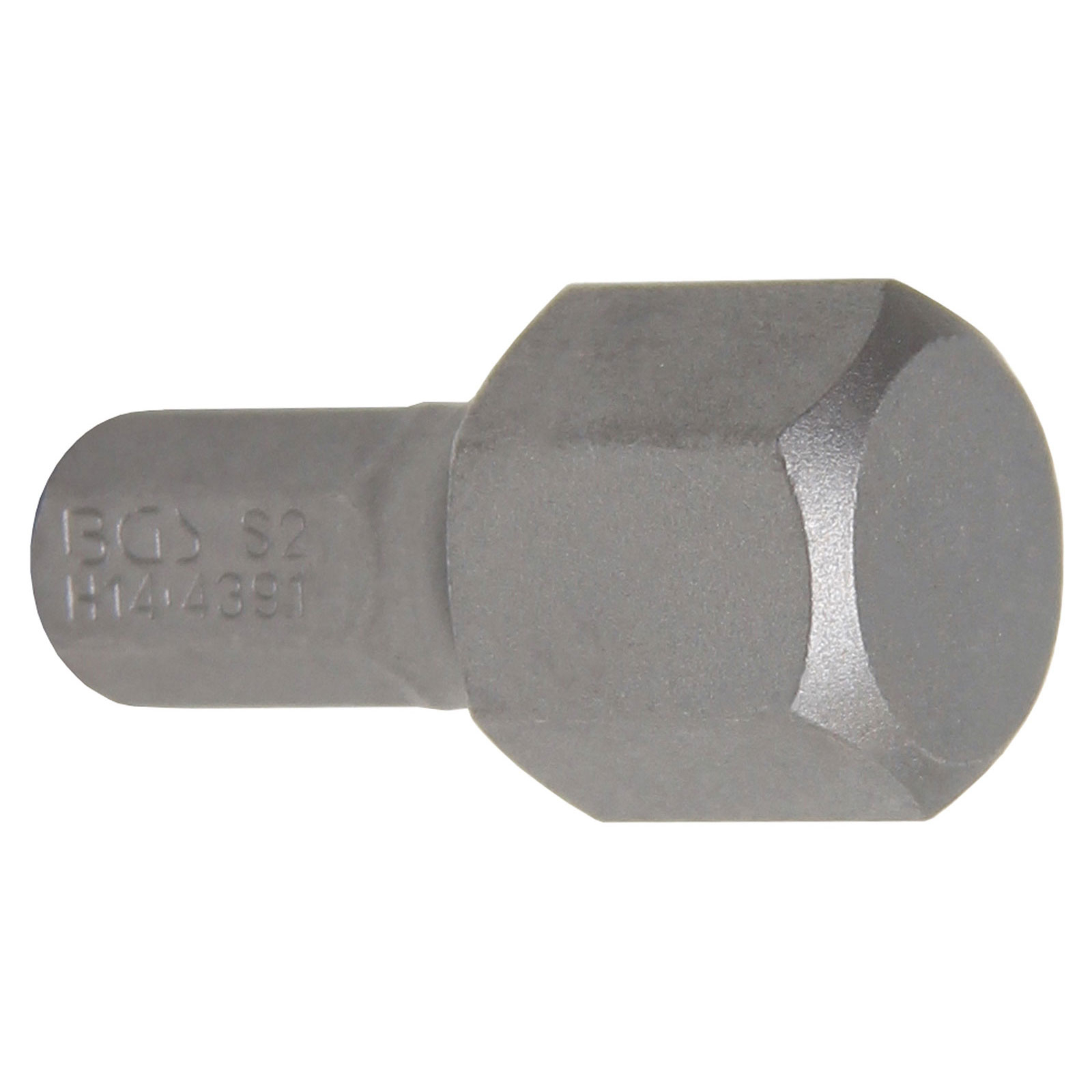 Una punta esagonale di metallo grigio con le marcature 'BGS S2 H14-4391' su sfondo bianco. Ha una testa esagonale.