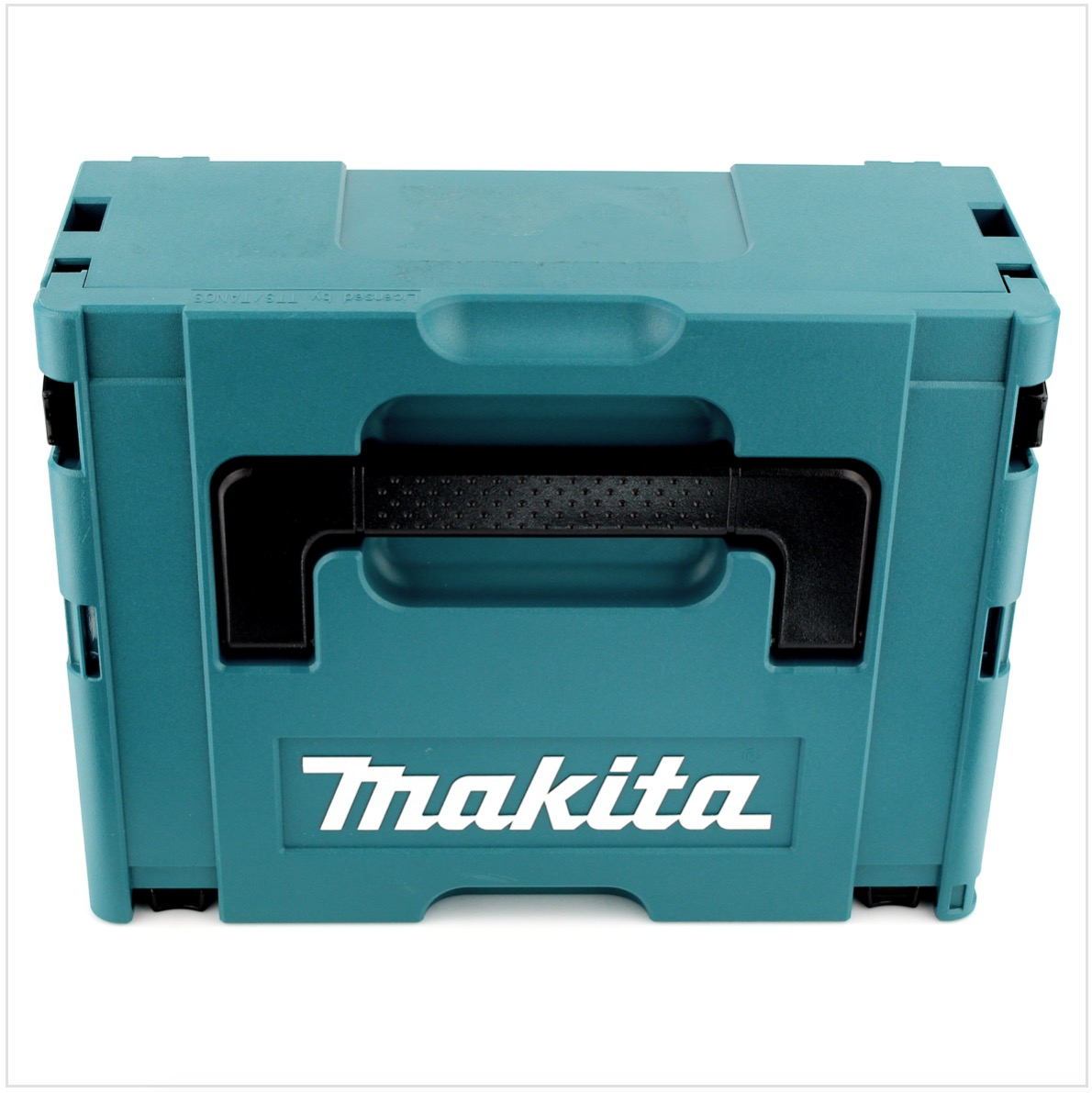 Eine türkisfarbene Makita-Werkzeugkiste mit schwarzem Griff und Logo. Die Kiste ist geschlossen und vor weißem Hintergrund.