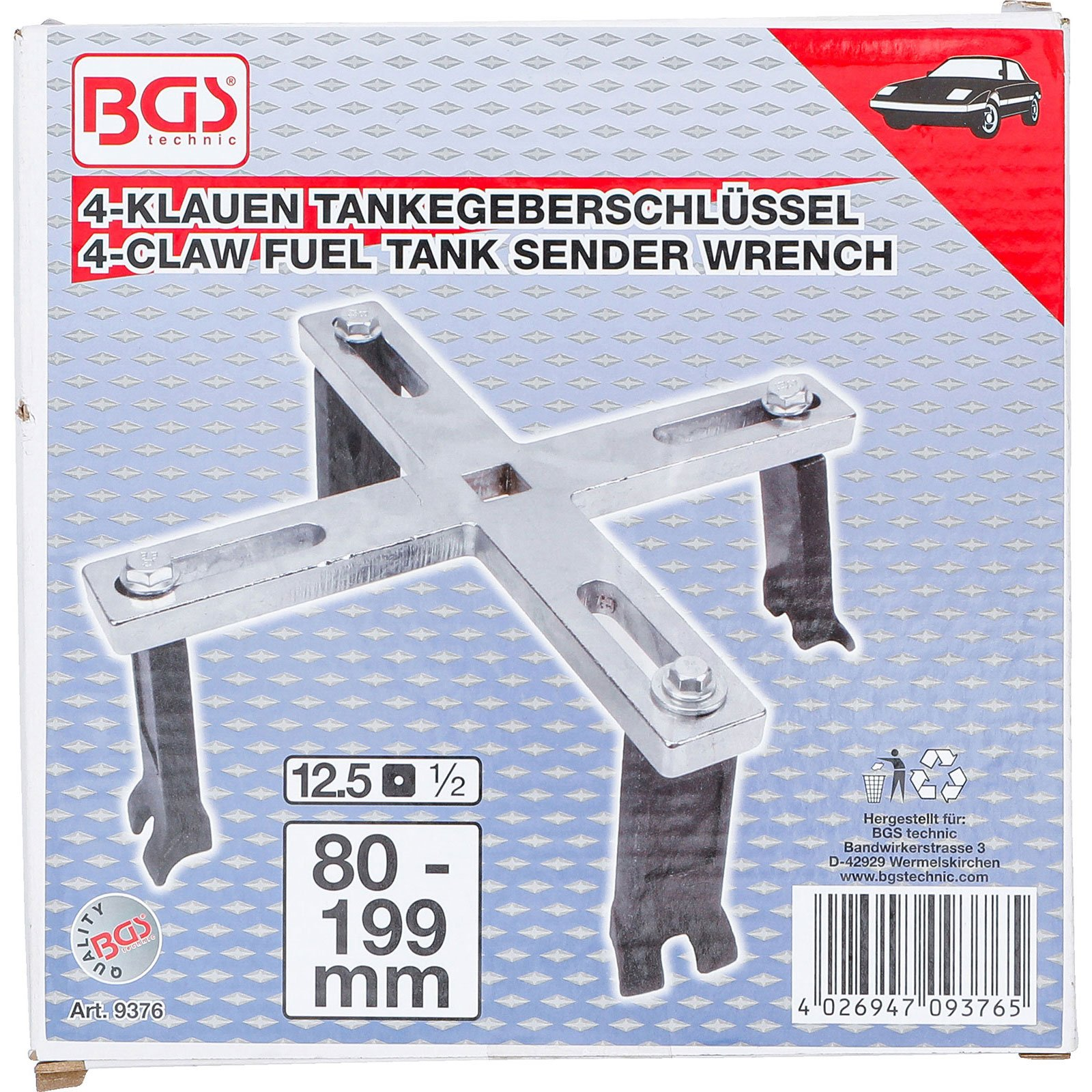 Ein silberner 4-Klauen-Kraftstofftank-Geber-Schlüssel auf seiner Box. Text auf der Box: 4-CLAW FUEL TANK SENDER WRENCH, 80-199 mm.