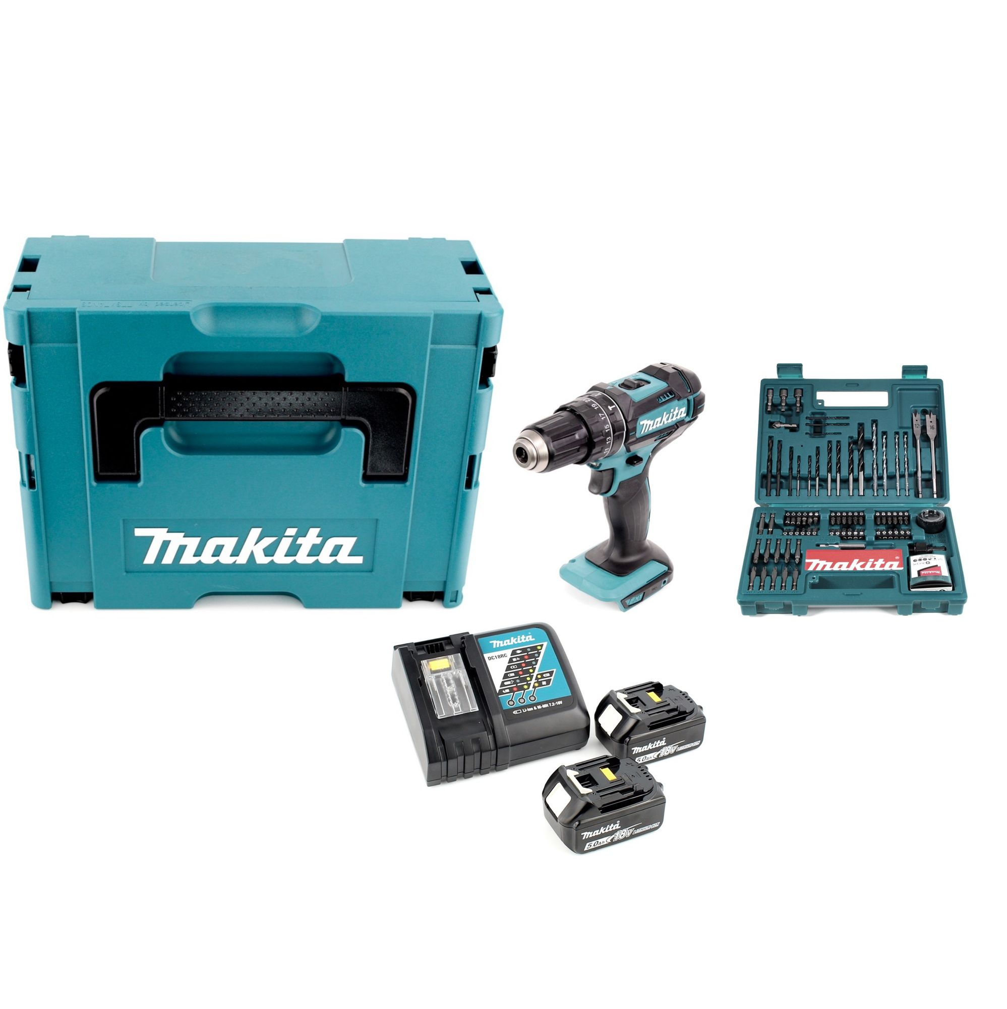 Ein tealfarbenes Makita-Werkzeugset mit Bohrmaschine, Batterieladegerät, Batterien, Werkzeugkasten und Bohreretui, alles auf weißem Hintergrund.