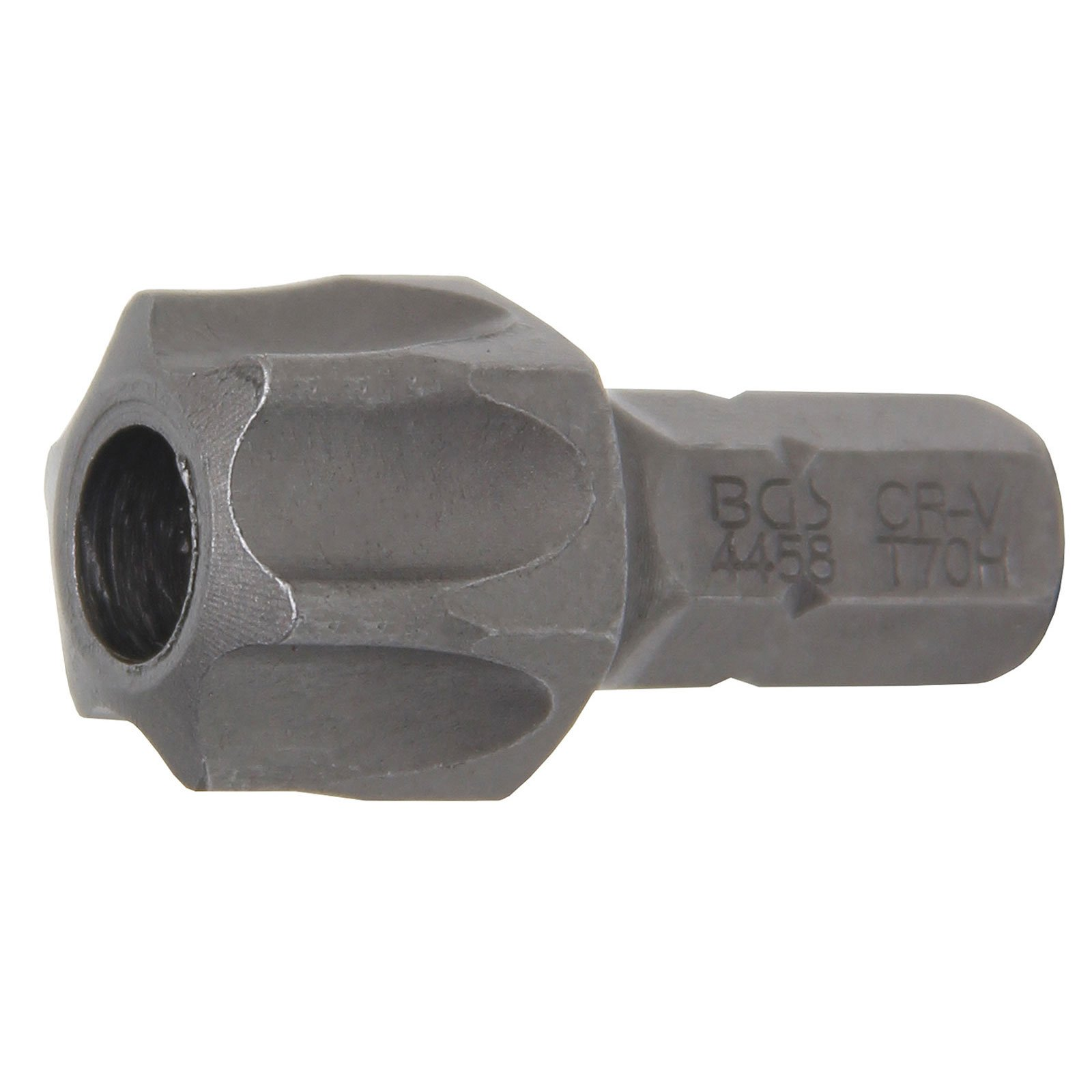 Una punta per utensili in metallo grigio con testa esagonale e marcature. La punta è su sfondo bianco.