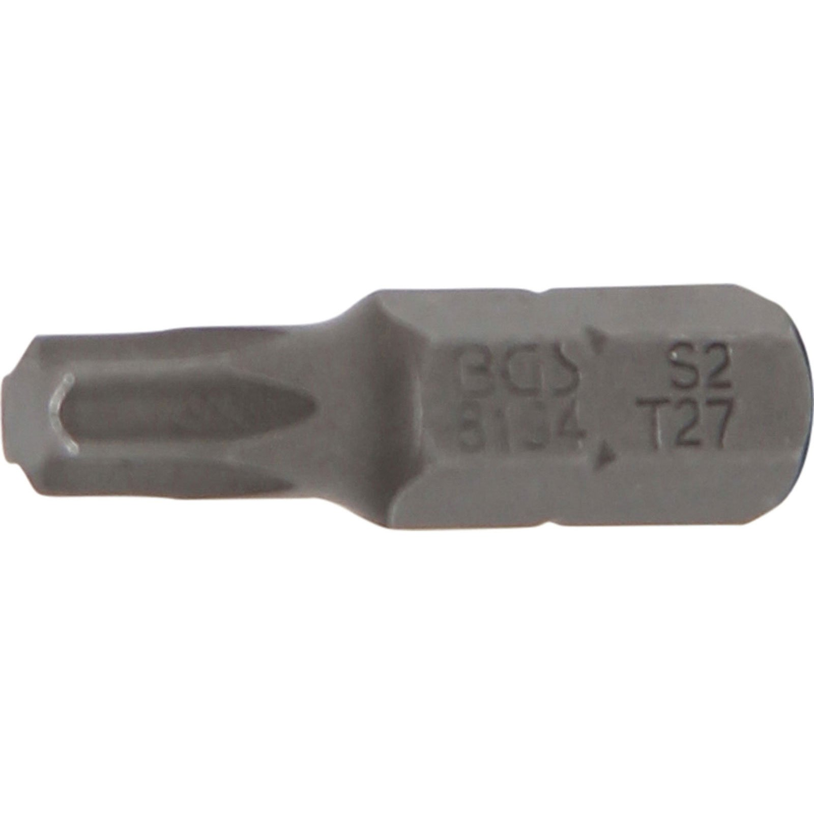 Una punta per utensili in metallo grigio con le marcature 'BGS 8134, T27, S2' è mostrata su sfondo bianco.