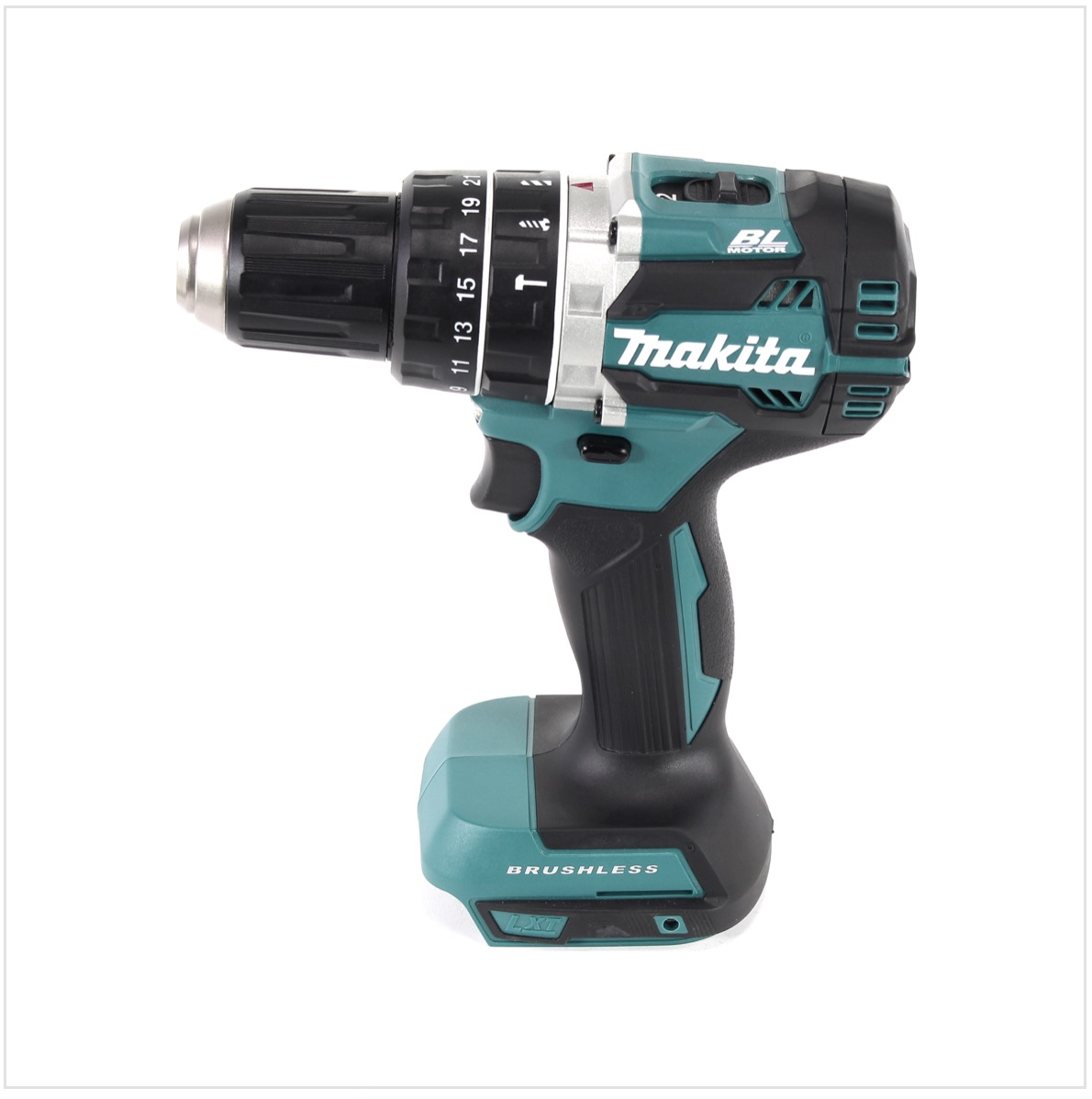 Ein Akku-Bohrschrauber von Makita, schwarz und blaugrün, auf weißem Hintergrund. Mit 'Makita' Logo, 'Brushless' und Einstellungen.
