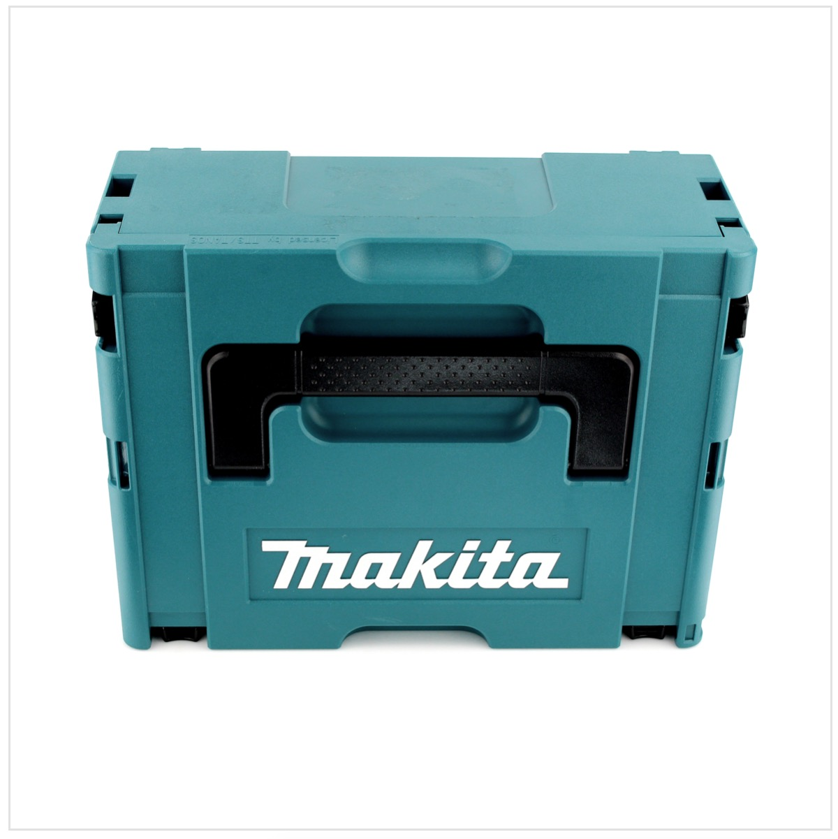 Eine teal Makita-Klappbox, von vorne betrachtet. Mit schwarzem Griff und Makita-Logo. Vor weißem Hintergrund.