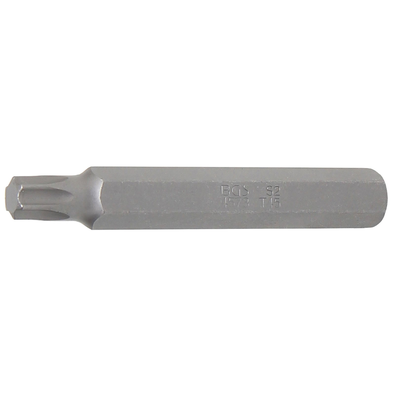 Una punta per cacciavite Torx argentata. La punta ha una testa a forma di stella. Marchi: 'BGS S2 1573 T15'.