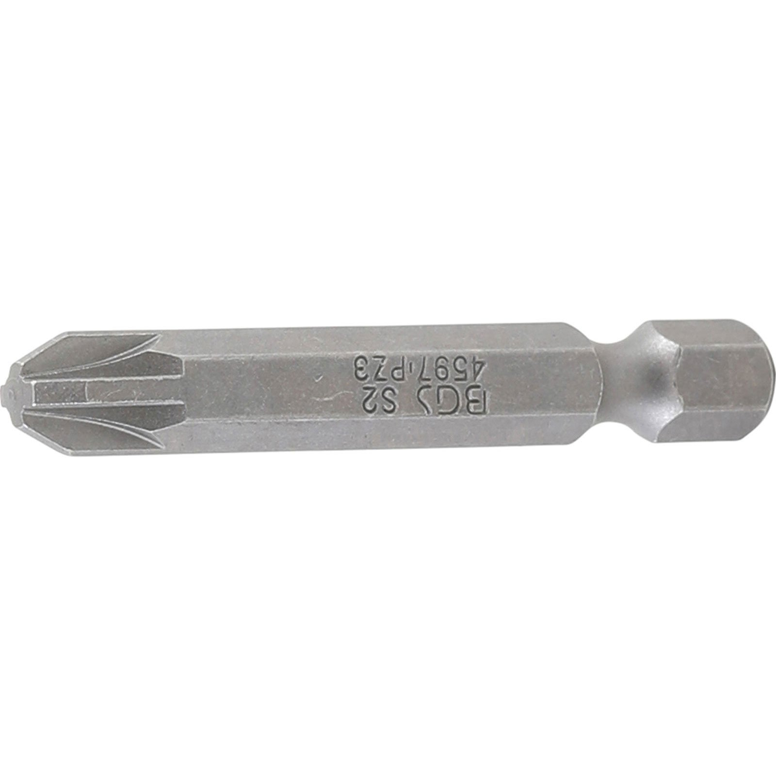 Una punta per cacciavite argentata con testa a forma di stella. La punta ha le marcature: BGS S2 4597-PZ3.