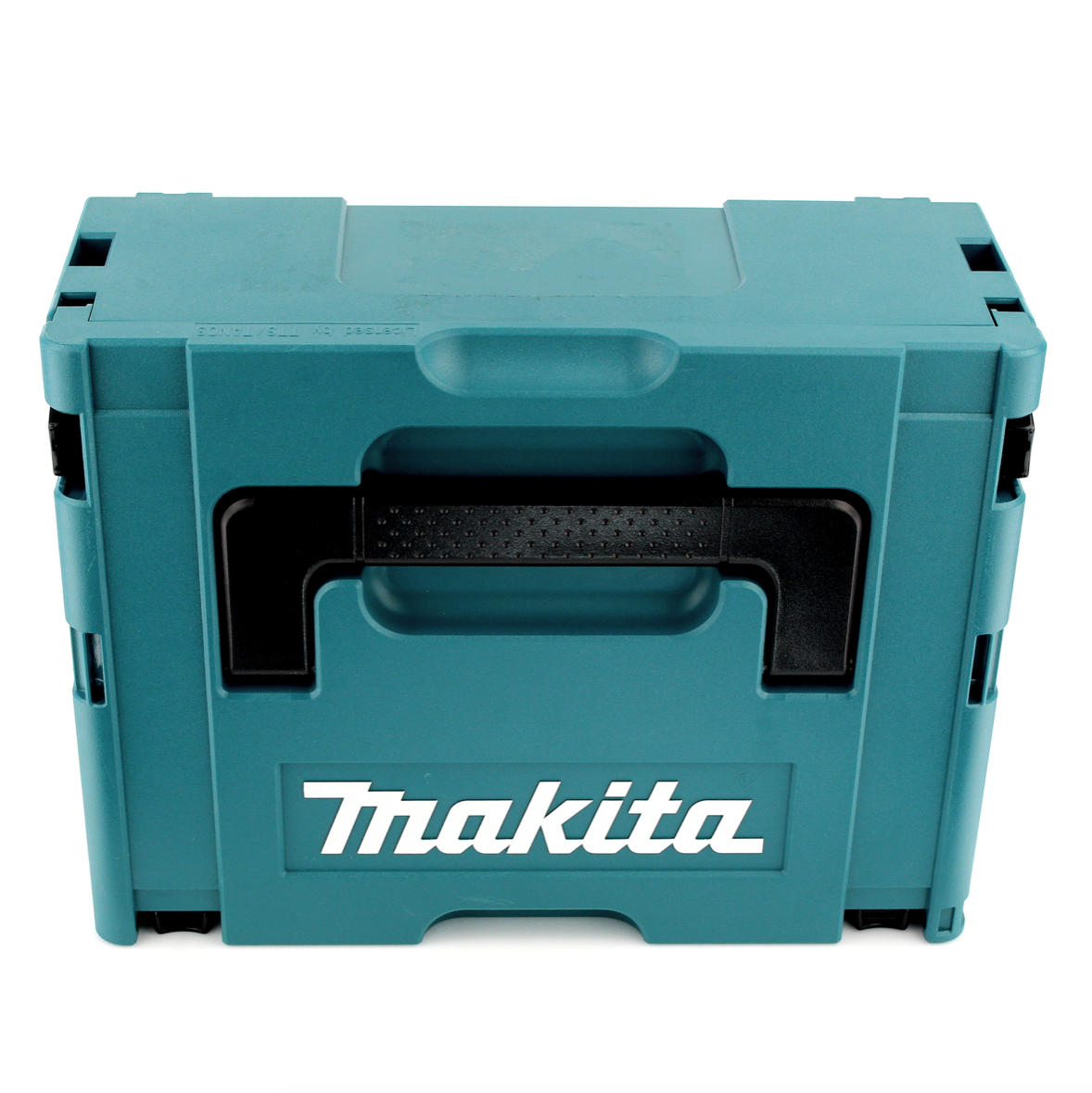 Eine türkisfarbene Makita-Werkzeugkiste mit schwarzem Griff und weißem Makita-Logo. Sie befindet sich auf weißem Hintergrund.