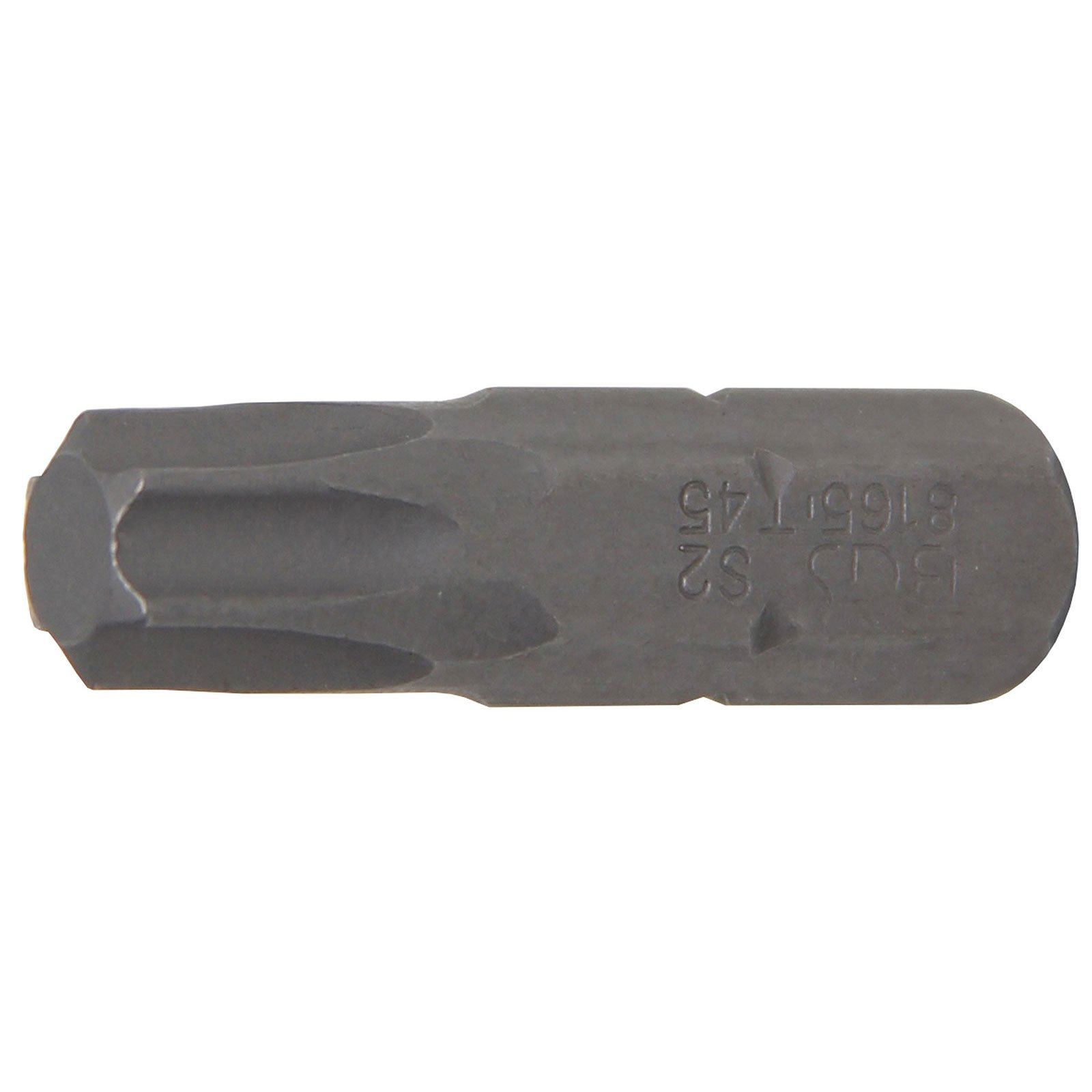 Una punta per cacciavite in metallo grigio scuro. È una testa torx con segni laterali. Lo sfondo è bianco.
