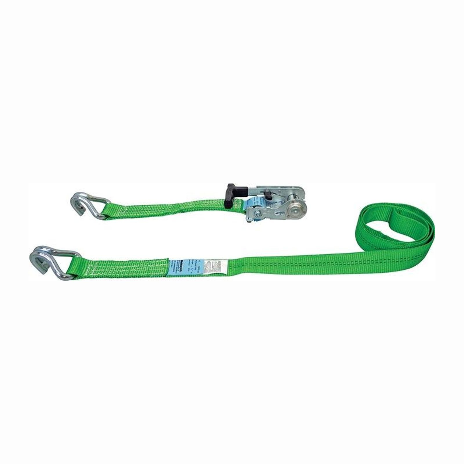 Grüne Ratschengurte mit Metallhaken und einem gerollten Abschnitt. Einer hat einen Ratschenmechanismus.