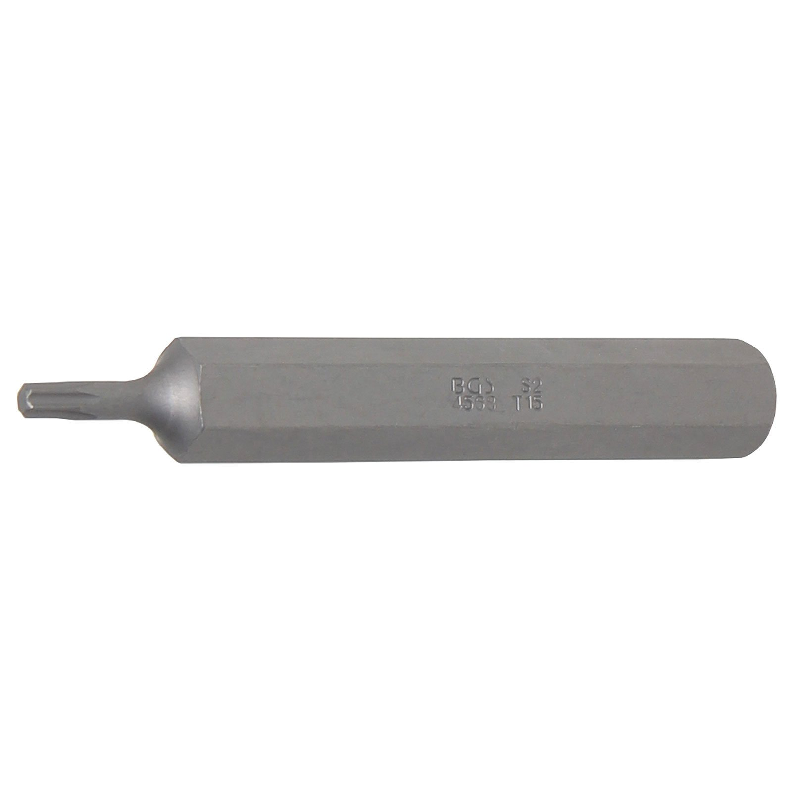Una punta torx in metallo grigio. La punta è esagonale con una punta a forma di stella.