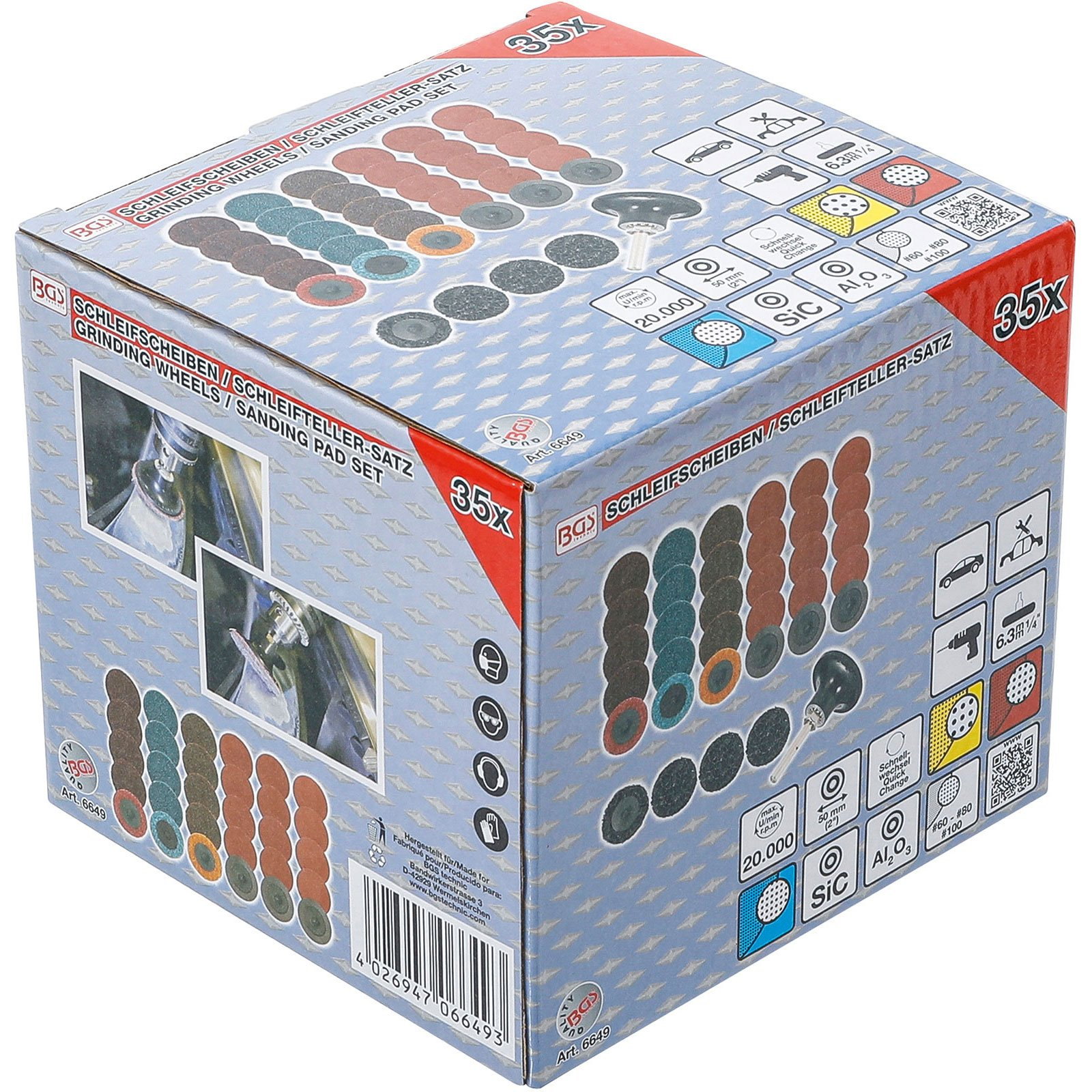 Karton mit Schleifscheiben. Enthält verschiedene Farben und Größen. Text auf Deutsch. Enthält Produktinformationen und Symbole.