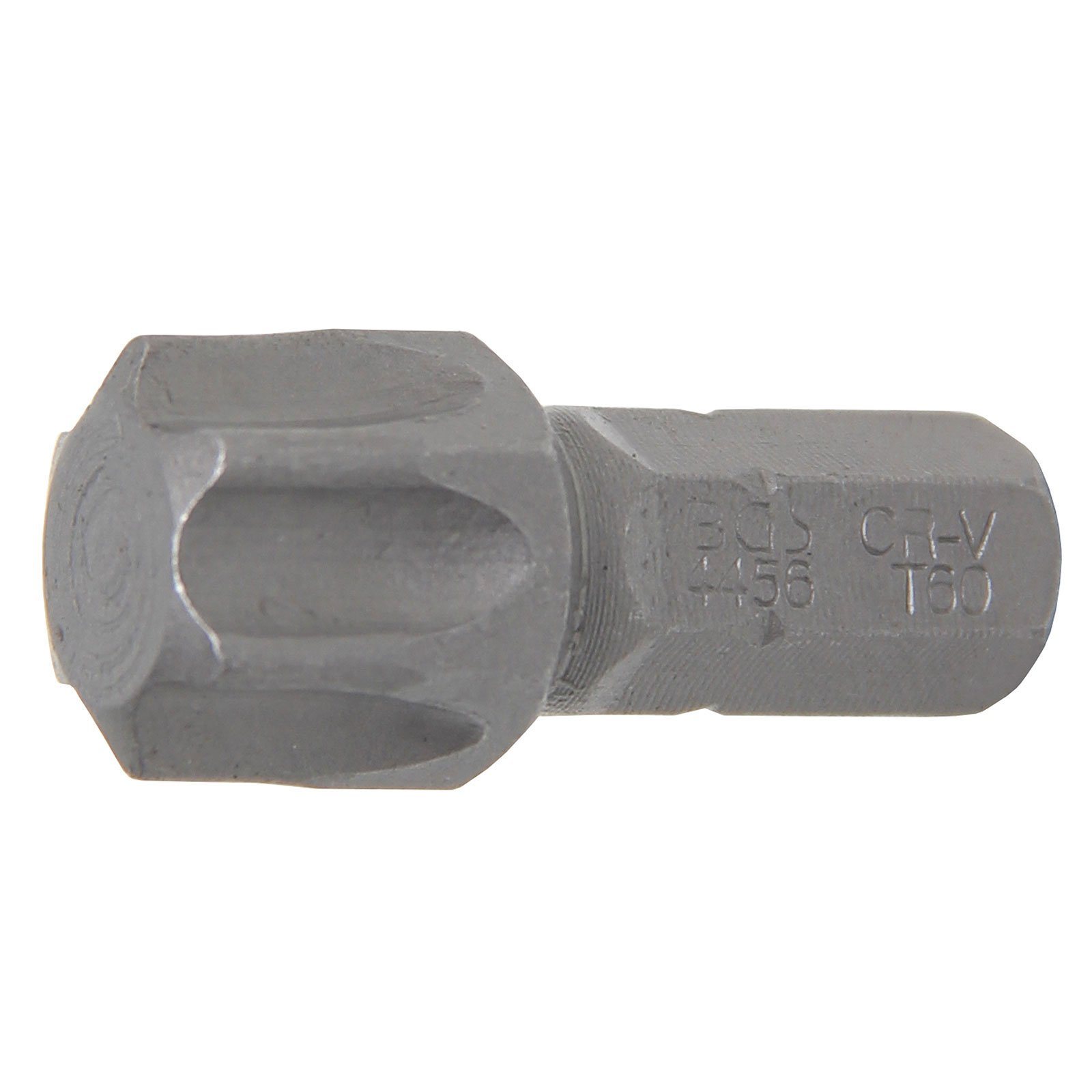 Una punta Torx in metallo grigio per cacciavite. Ha un corpo esagonale con scritte: BGS 4456 Cr-V T60.