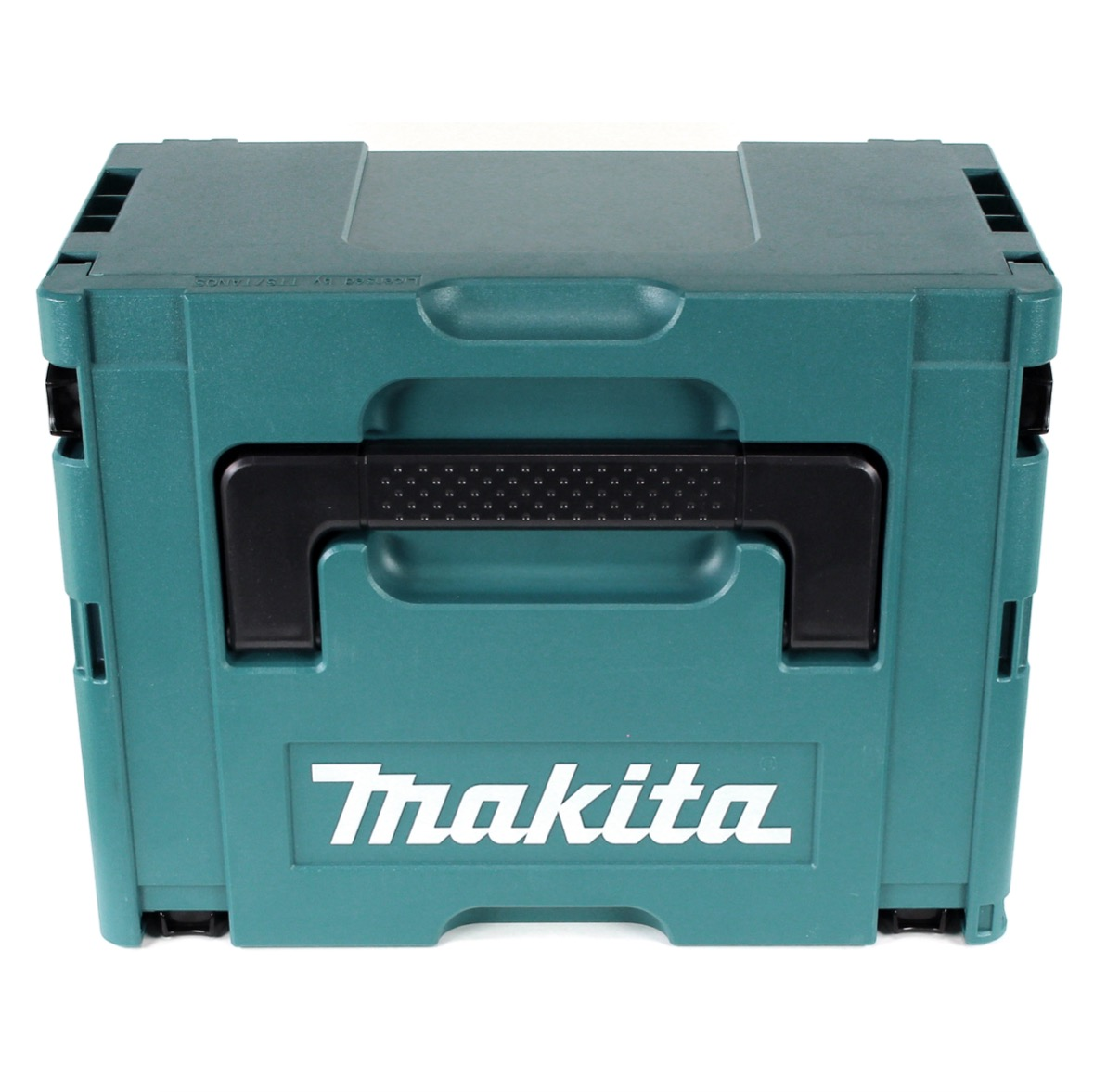 Eine tealfarbene Makita-Werkzeugkiste mit schwarzem Griff und dem Makita-Logo in Weiß auf der Vorderseite.