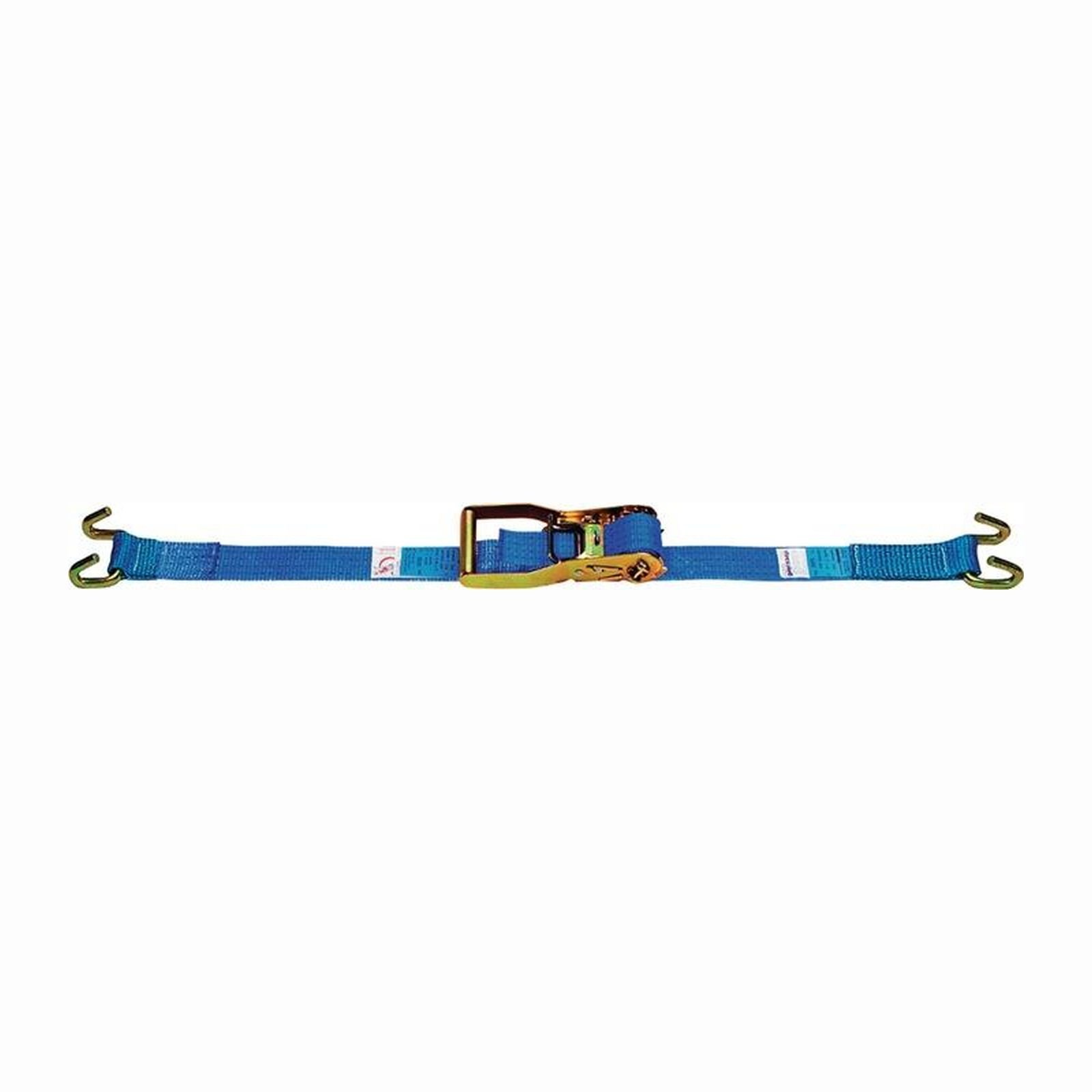 Ein blauer Ratschengurt mit Metallhaken an jedem Ende. Der Ratschenmechanismus ist goldfarben.