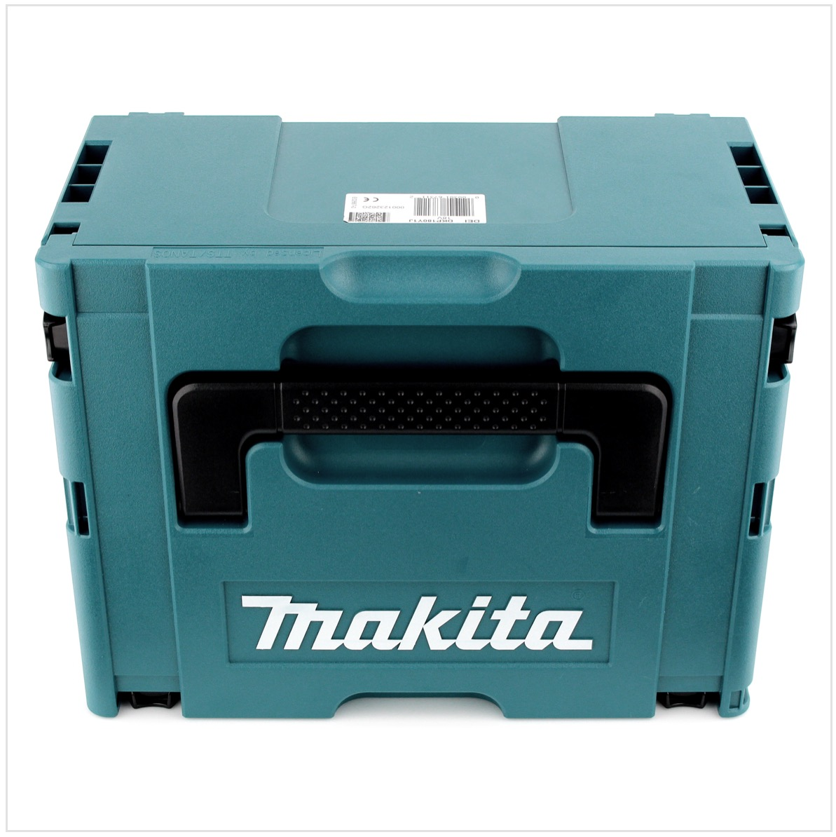 Eine türkisblaue Makita Werkzeugkiste. Sie hat einen schwarzen Griff und das Makita-Logo in Weiß. Der Hintergrund ist weiß.