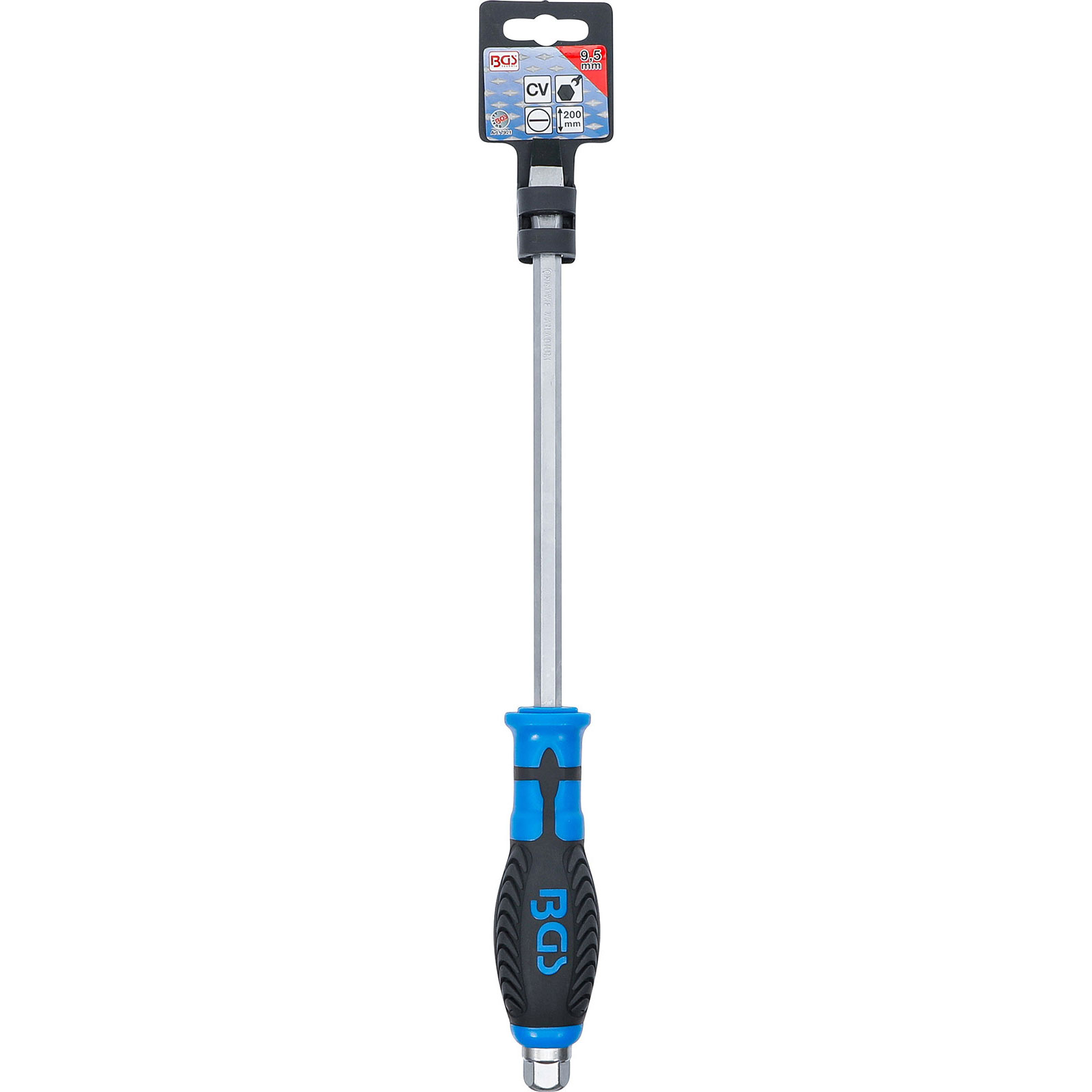 Un cacciavite con manico blu e nero. L'utensile è argentato con un'etichetta BGS.