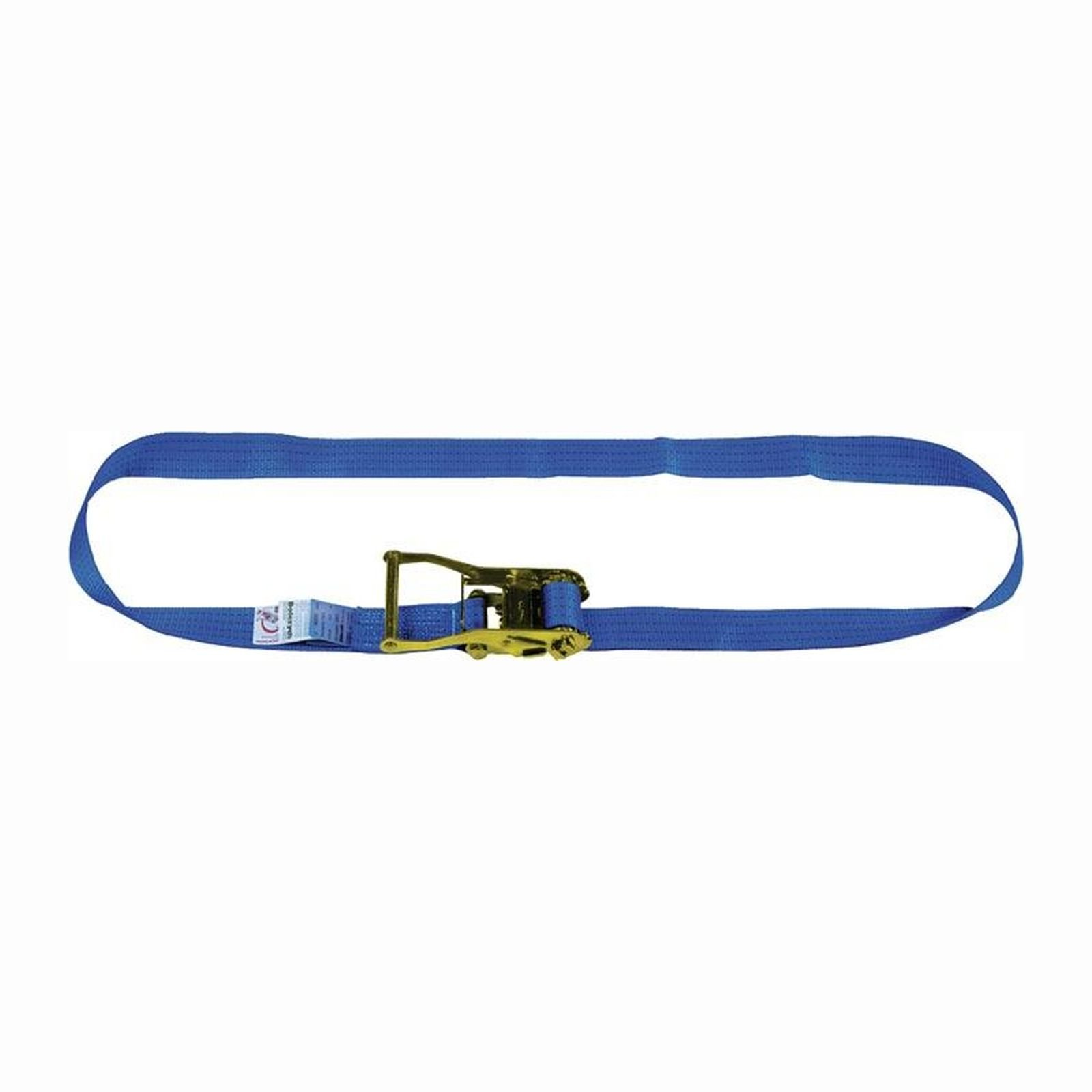 Blauer Ratschengurt mit goldfarbenem Mechanismus. Der Gurt bildet eine Schlaufe vor weißem Hintergrund.