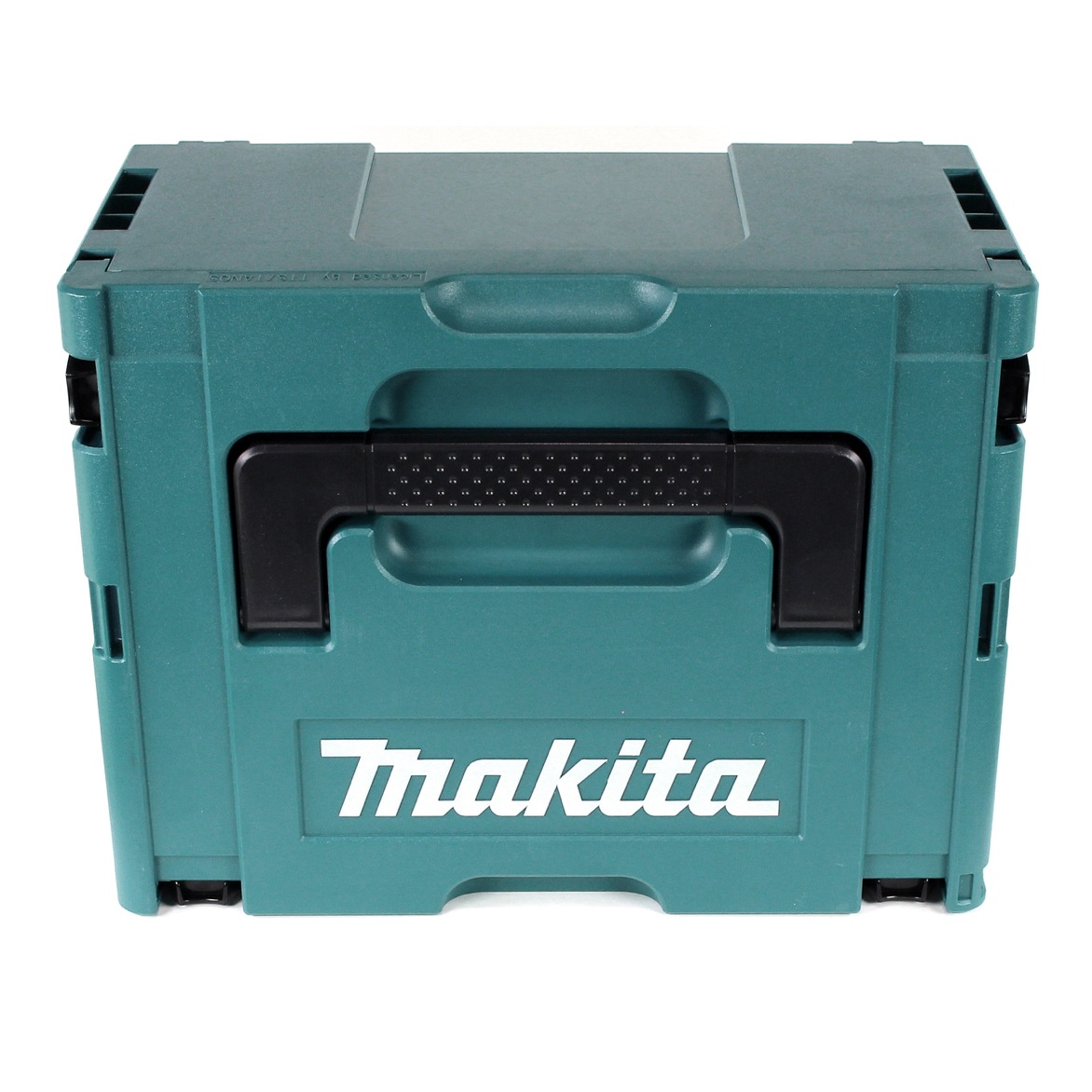 Eine teal Makita Werkzeugkiste mit schwarzem Griff. Das Makita-Logo ist weiß. Die Box ist geschlossen. Der Hintergrund ist weiß.