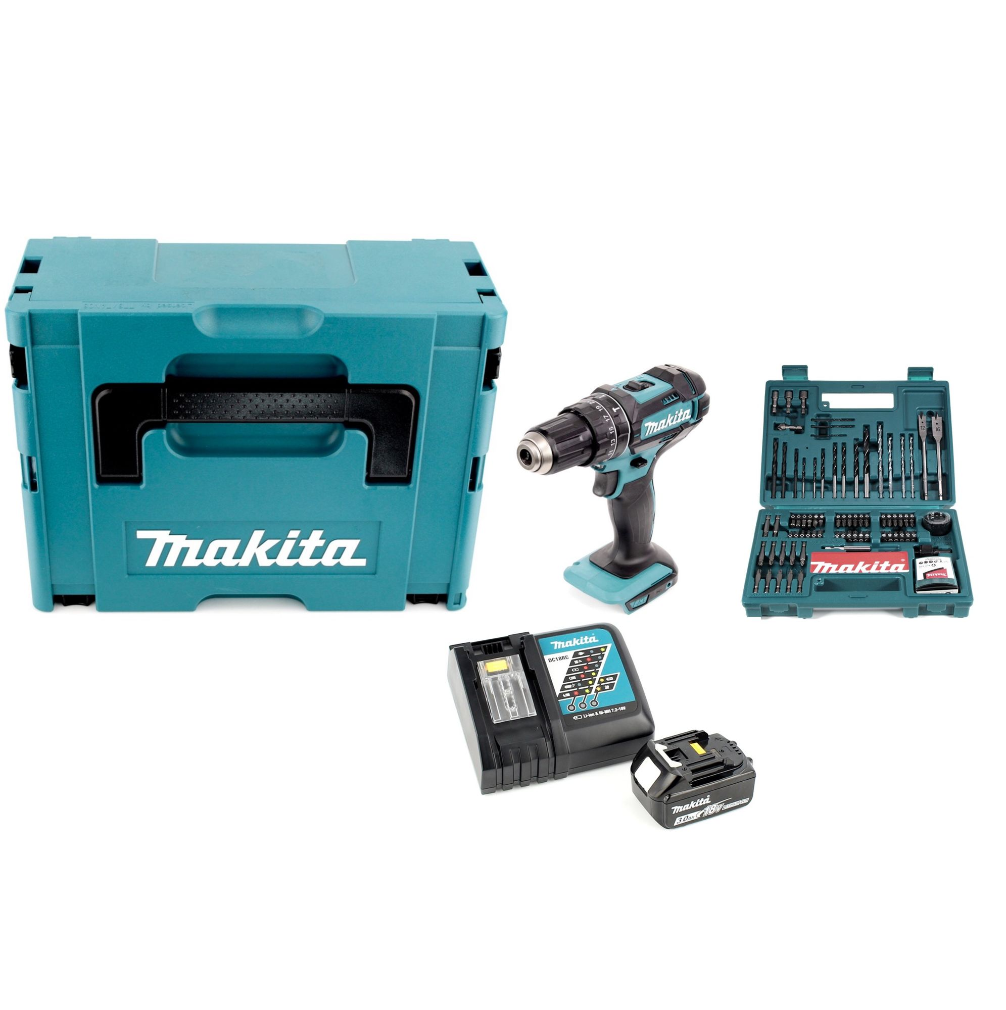 Eine Auswahl an Makita-Elektrowerkzeugen, darunter ein Bohrer, eine Werkzeugkiste, ein Batterieladegerät, ein Akku und ein Bohrer-Set, alles vor weißem Hintergrund.