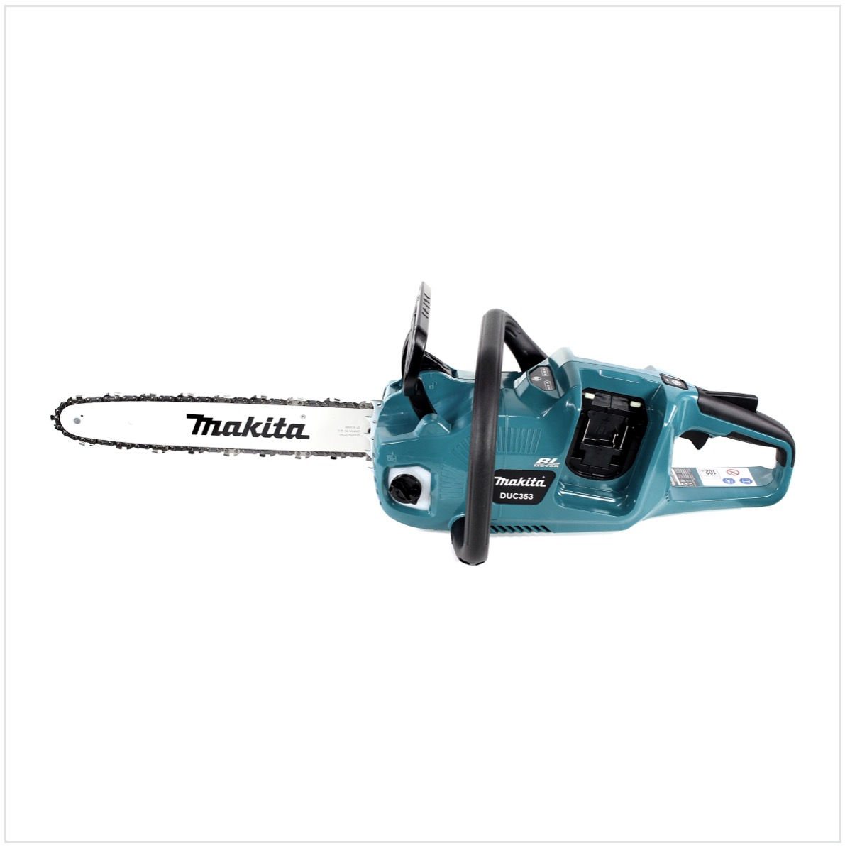 Eine türkisfarbene Makita DUC353 Kettensäge auf weißem Hintergrund. Die Kettensäge hat einen schwarzen Griff und ein silbernes Schwert mit dem Makita-Logo.