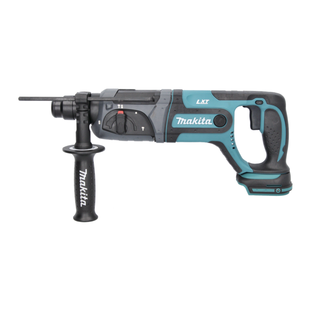 Ein kabelloser Makita LXT-Hammerbohrer. Er hat ein schwarz-türkises Gehäuse mit einem Griff. Das Makita-Logo ist sichtbar.
