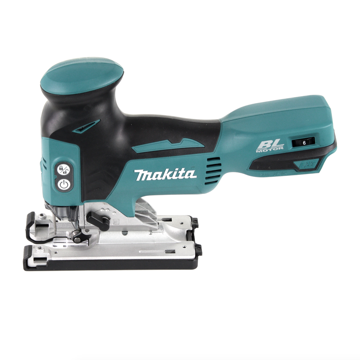 Eine türkisfarbene und schwarze Makita-Stichsäge auf weißem Hintergrund. Sie hat das Makita-Logo und einen Klingenaufsatz.