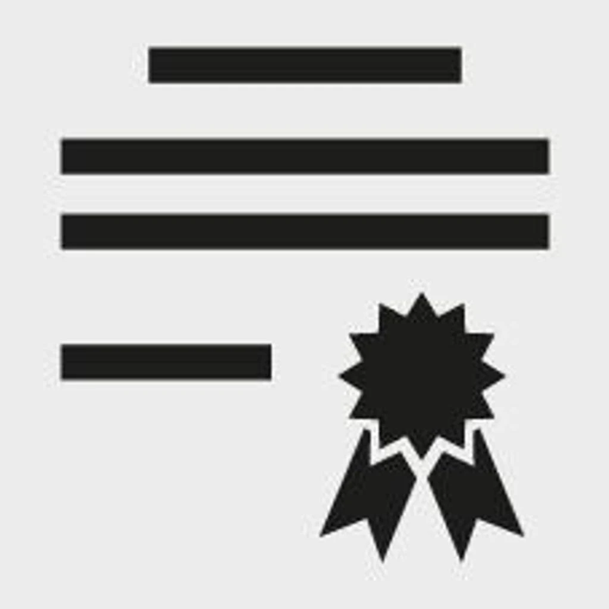 Schwarzes Dokumentensymbol mit Linien und einem sternförmigen Siegel mit Bändern auf hellgrauem Hintergrund.