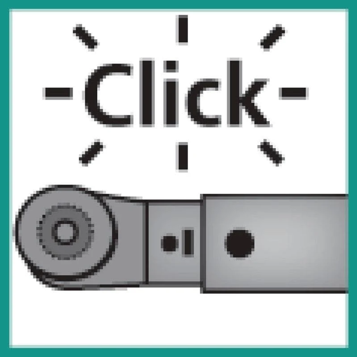 Bild zeigt ein graues Gerät mit der Aufschrift "Click" darüber. Das Gerät hat ein Rad und einen rechteckigen Teil mit Knöpfen. Weißer Hintergrund.