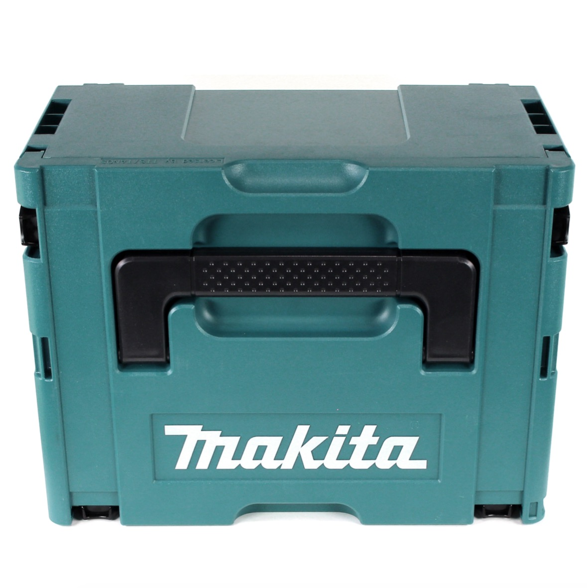Eine grüne Makita-Werkzeugkiste mit schwarzem Griff und Makita-Logo. Die Werkzeugkiste steht auf weißem Hintergrund.