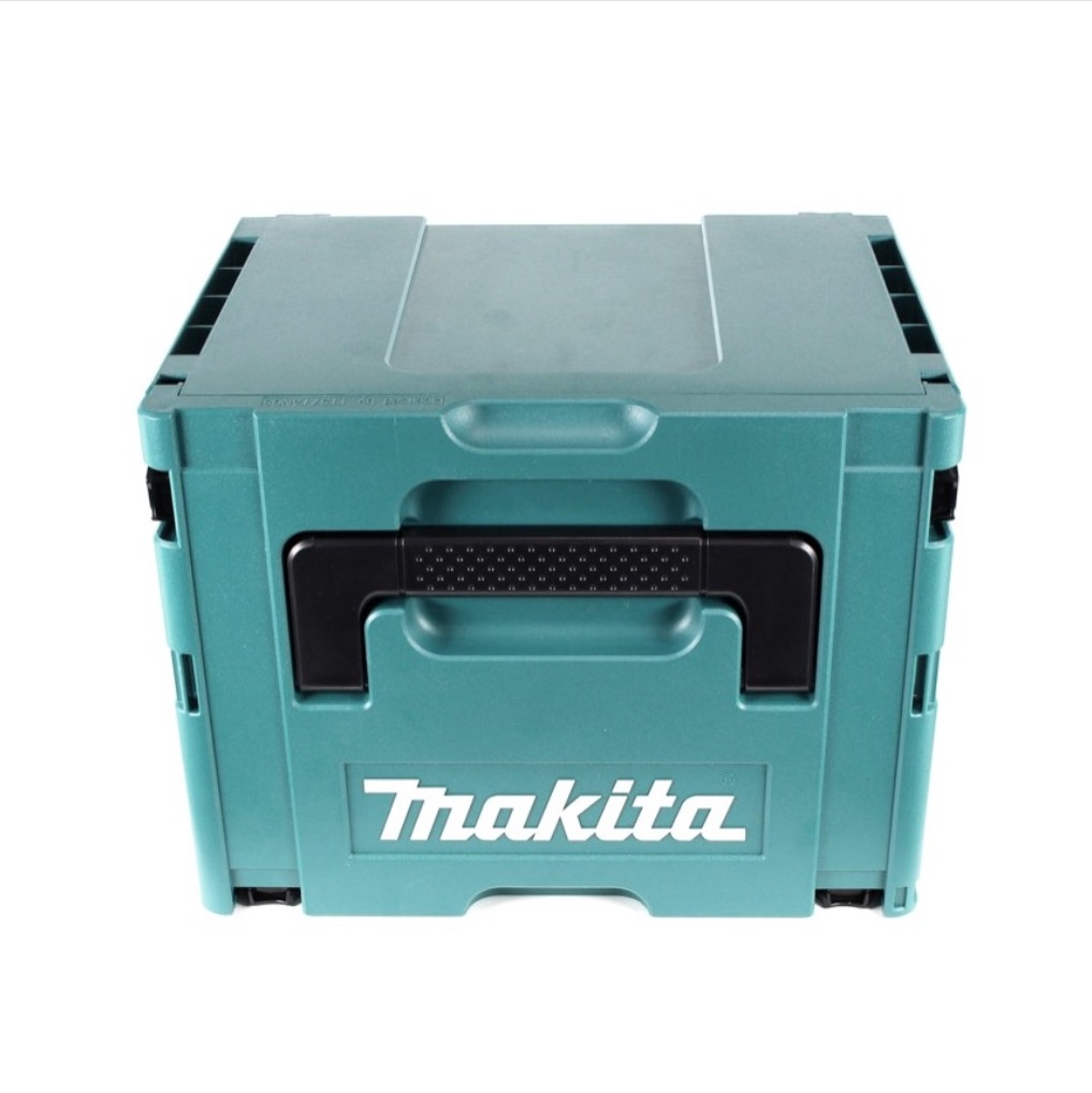 Eine türkisfarbene Makita-Werkzeugkiste mit schwarzem Griff befindet sich auf weißem Hintergrund. Der Markenname ist sichtbar.