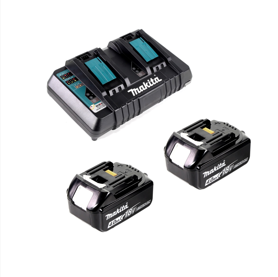 Ein Makita-Batterieladegerät mit zwei Batterien und zwei zusätzlichen Batterien. Alle sind schwarz mit türkisfarbenen Akzenten.