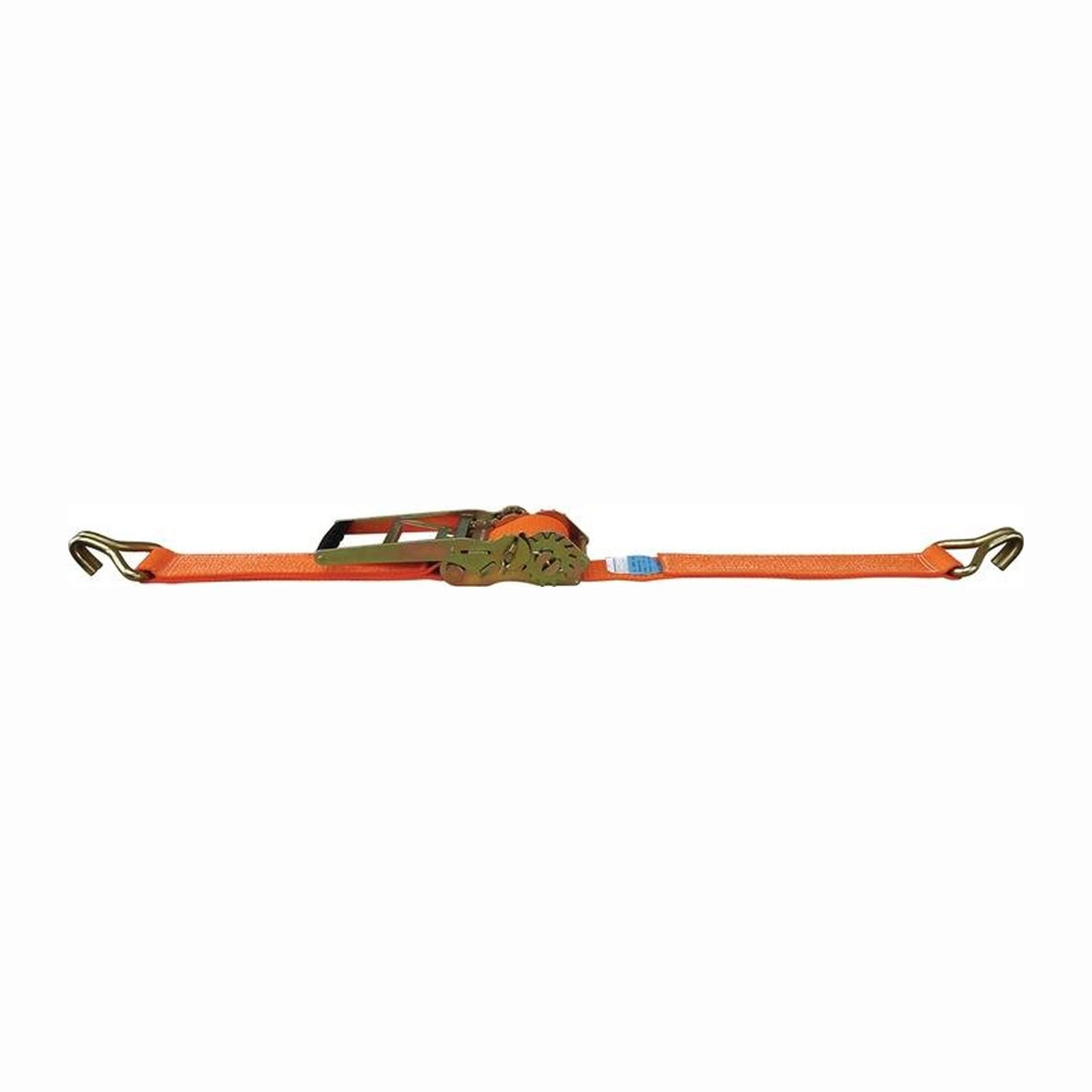 Ein orangefarbener Spanngurt mit Metallhaken. Er hat einen grünen und metallenen Ratschenmechanismus in der Mitte.