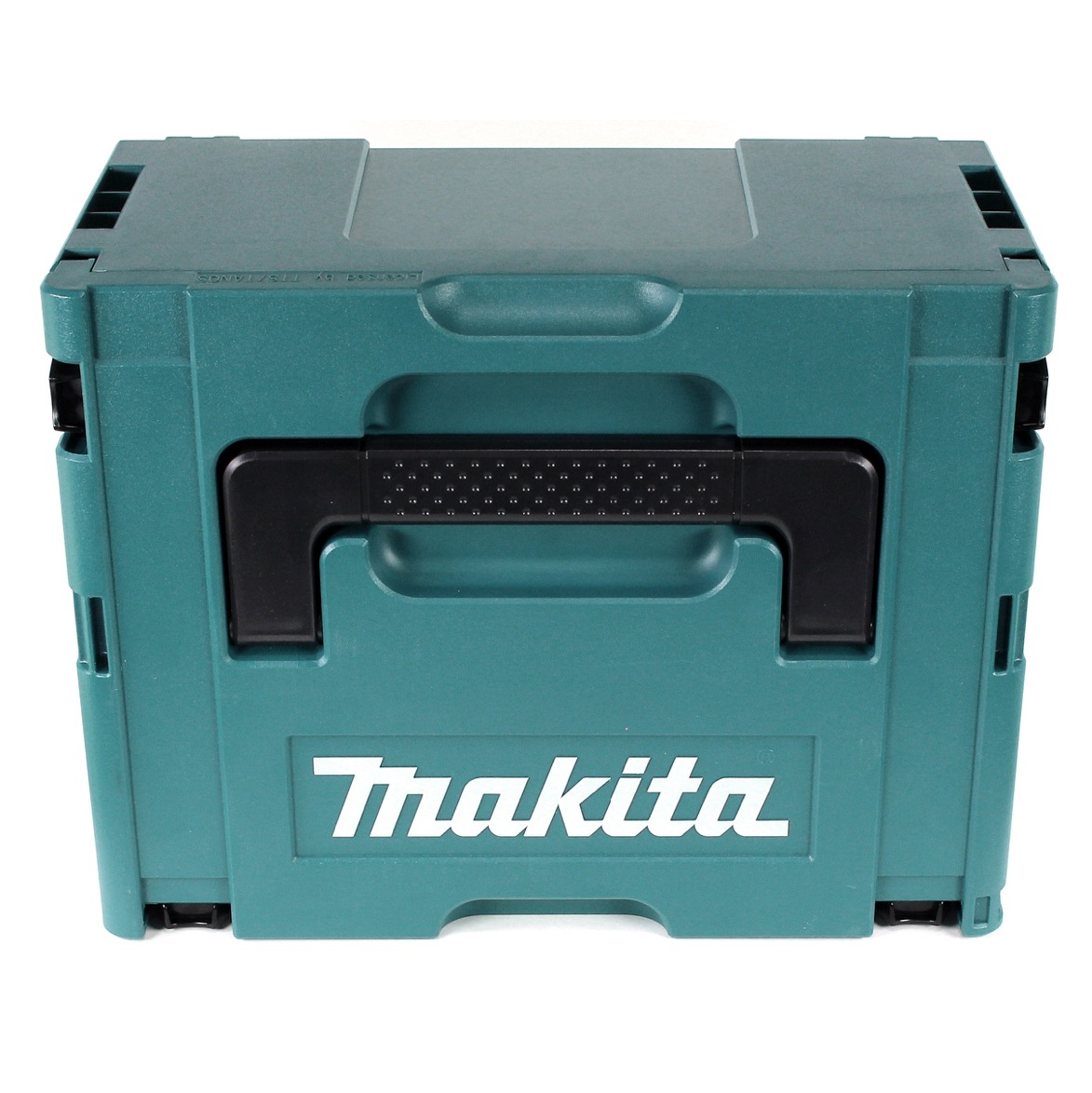 Eine türkisblaue Makita-Werkzeugbox mit schwarzem Griff und weißem Makita-Logo. Der Hintergrund ist weiß.