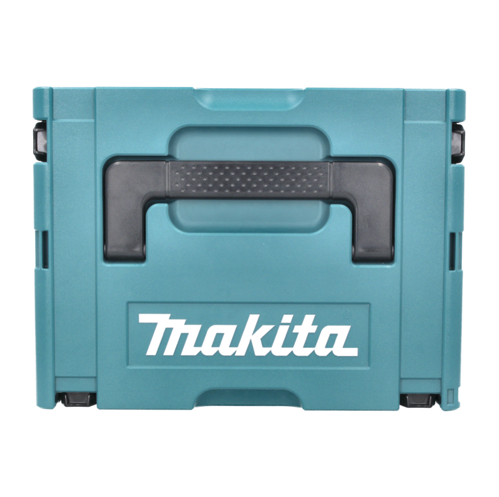Eine türkisfarbene Makita-Werkzeugkiste mit schwarzem Griff. Das Markenlogo ist gut sichtbar in Weiß auf der Vorderseite angebracht.