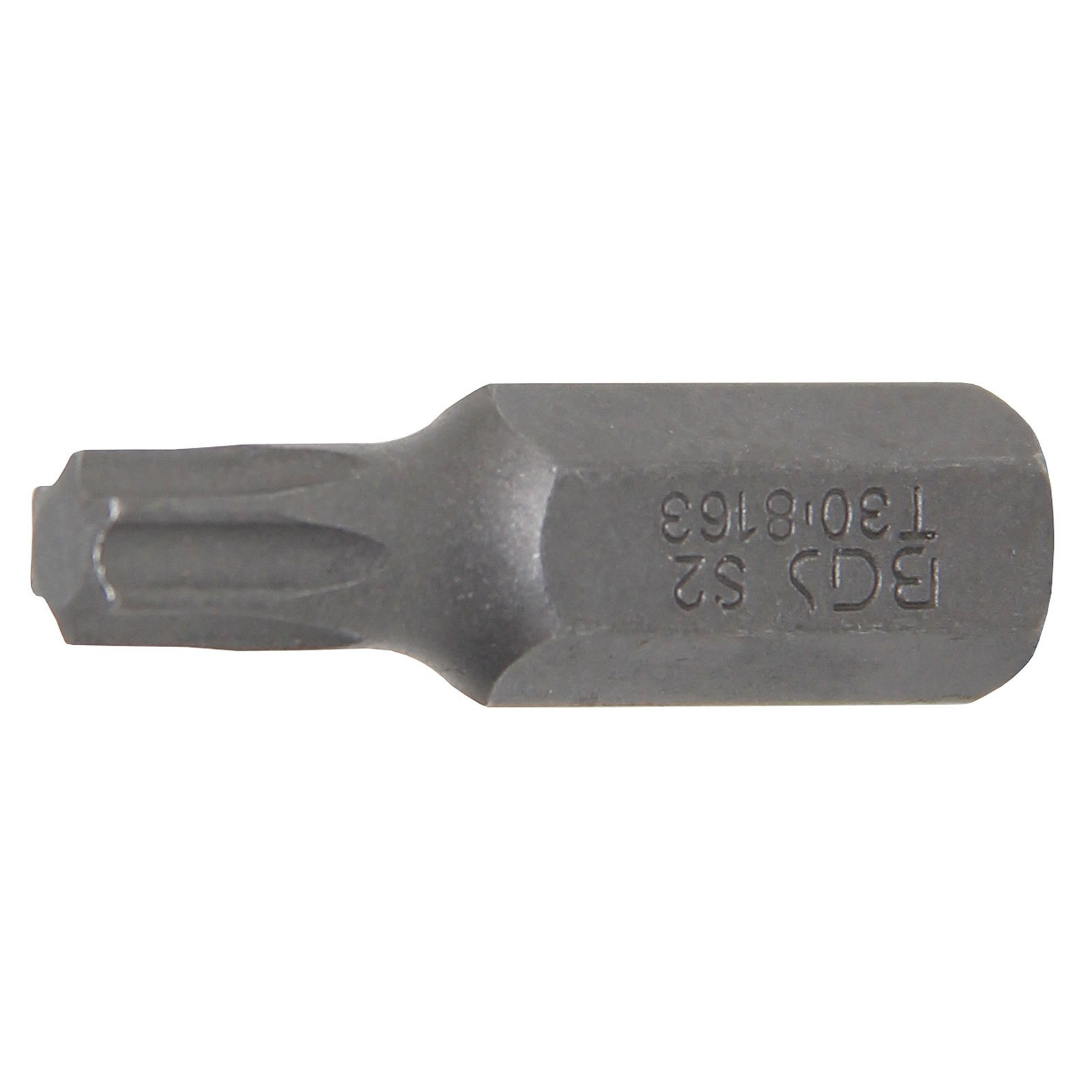 Una punta per cacciavite in metallo grigio. Ha una punta a forma di stella e la scritta 'BGS S2 T30 8163'.