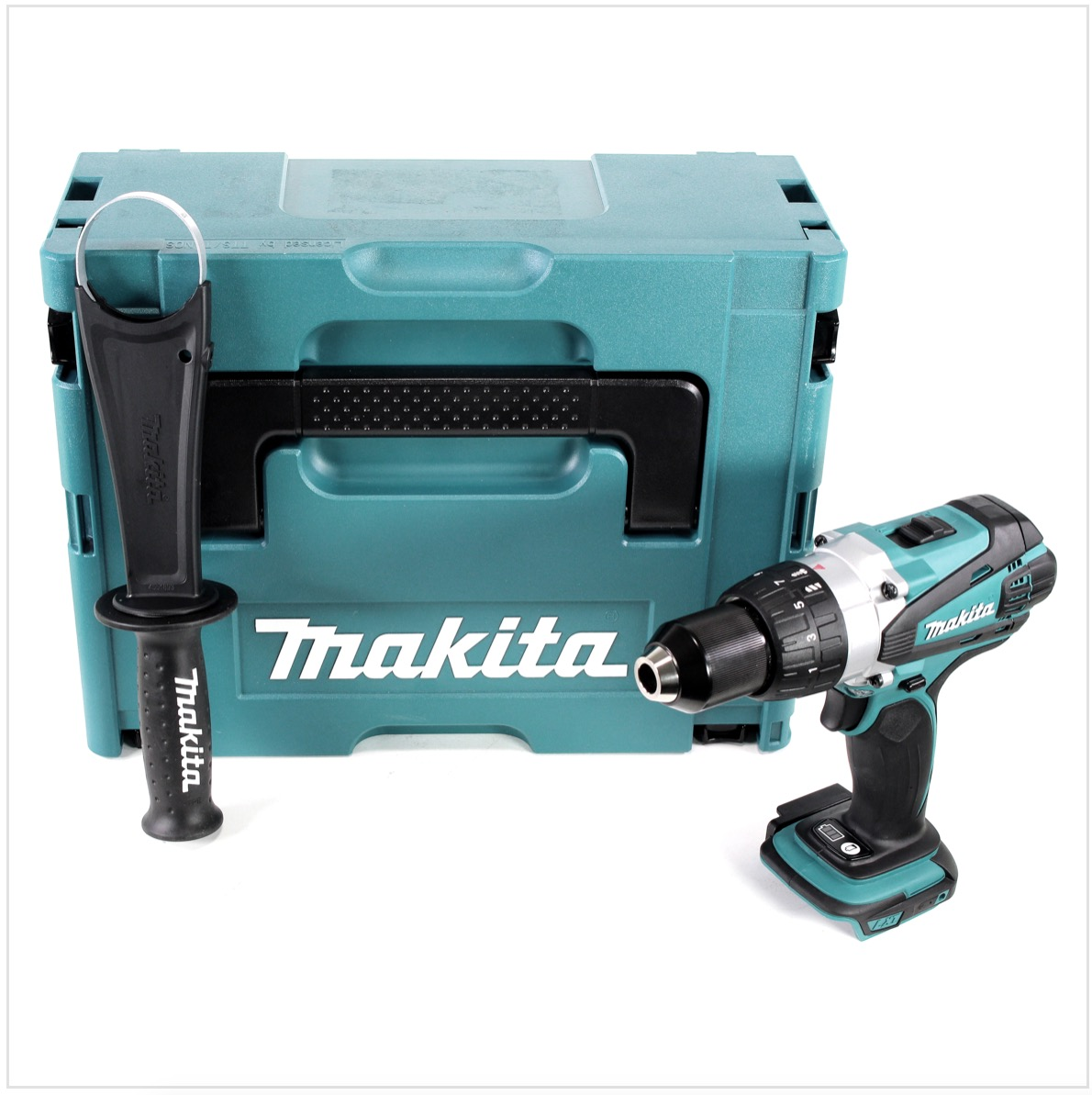 Ein türkisfarbener Makita-Werkzeugkasten und ein Bohrmaschinensatz auf weißem Hintergrund. Enthält Bohrmaschine, Griff und Koffer, alle mit Makita-Logo.