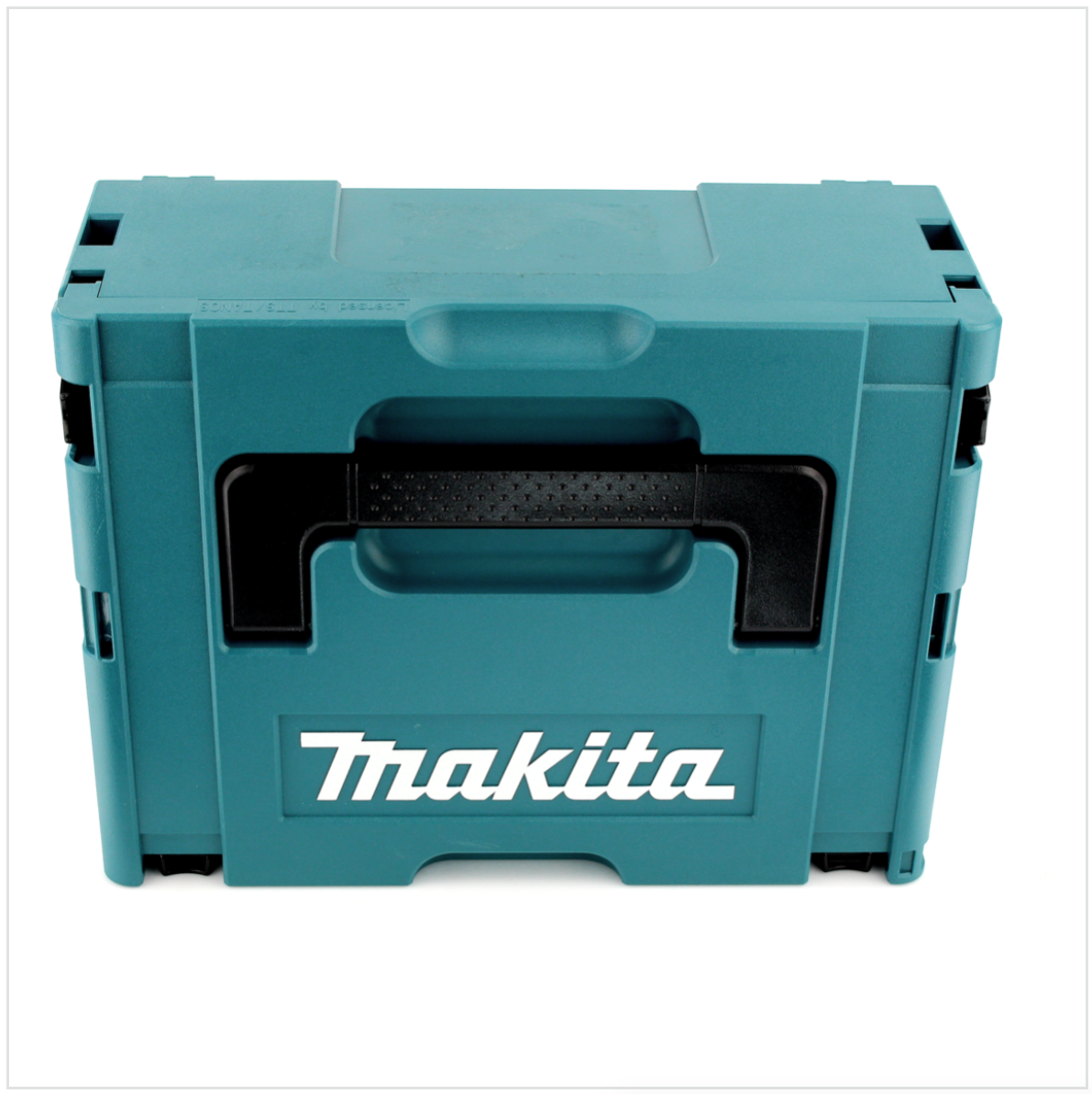 Eine türkisfarbene Makita-Werkzeugkiste steht mittig auf einer weißen Oberfläche. Sie hat einen schwarzen Griff und das Makita-Logo in Weiß.